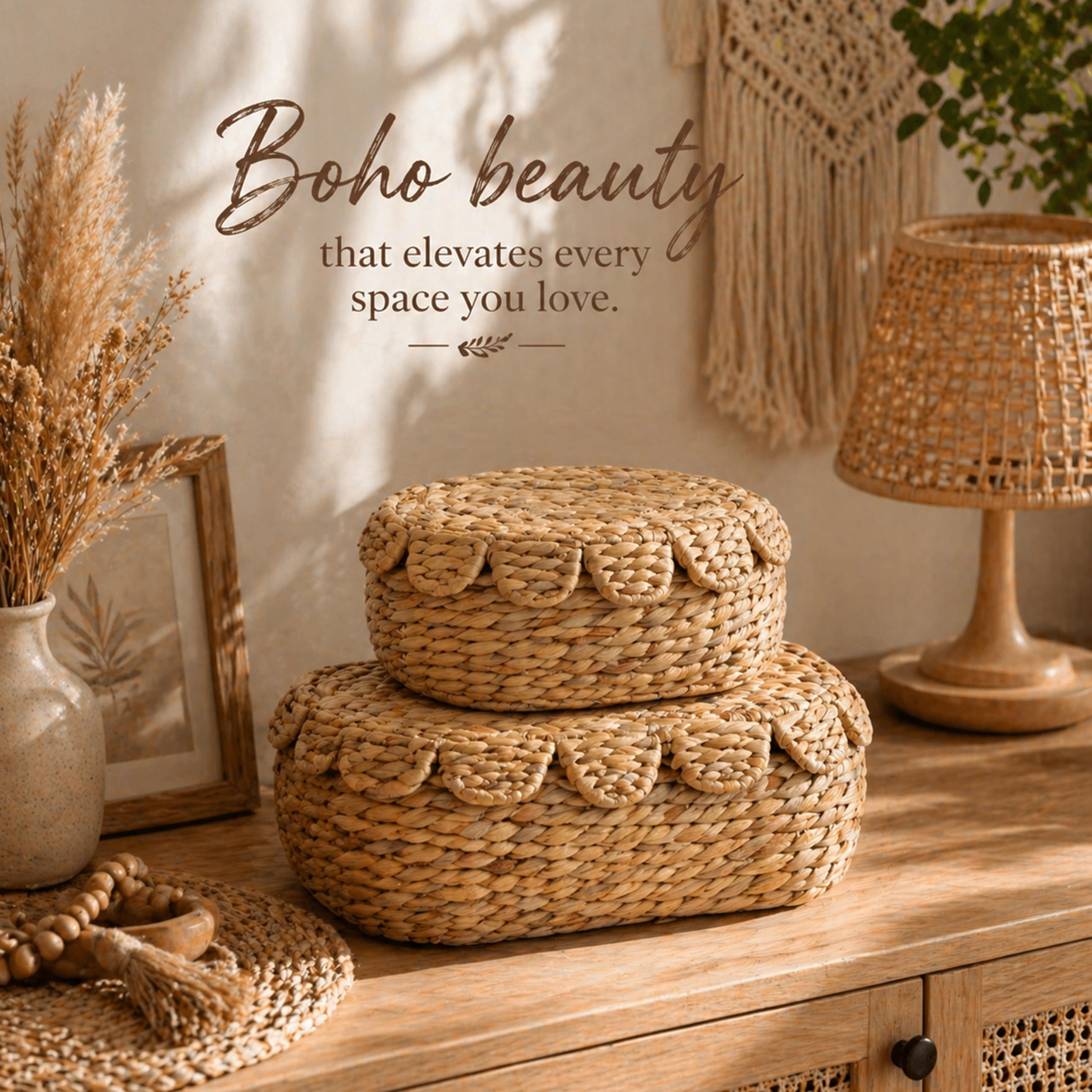 Wicker Baskets with Lid - Set of 2 Boho Storage -6