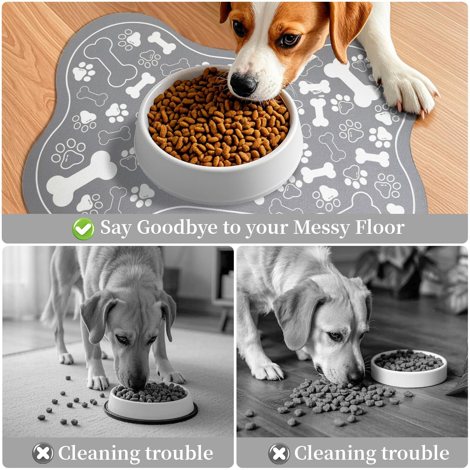 Dog & Cat Food Mat Bone Shaped Pet Feeding Mat Quick Absorb Water Bowl Placemat with Rubber Backing Indoor Floor Stain Resistant Pet Accessory Supplies (Grey, 17x29 Inches)