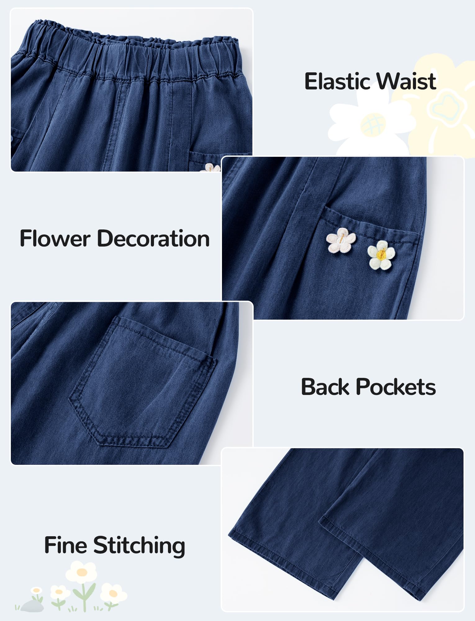 Happy Cherry Jeans Bordados Flor Bebé Niño Niña Pantalones de Algodón Denim Pierna Ancho Cintura Elástica Verano Transpirable Casual