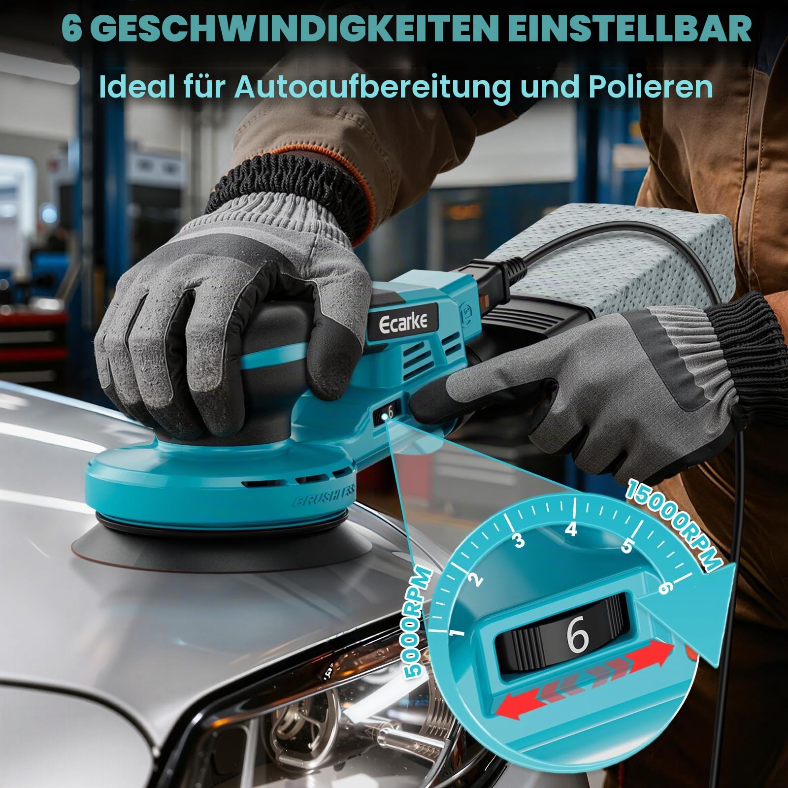 Ecarke 125mm Akku-Exzenterschleifer für Makita 18V-Akkus, bürstenloser Motor, 15.000 U/min, 6-stufige Drehzahlregelung, mit Staubbeutel & 20 Schleifblättern, ideal zum Polieren, Entrosten (ohne Akku)