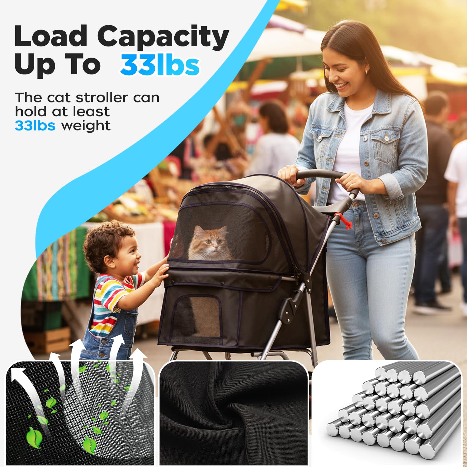 BestOffice Pet Stroller for Small Medium Dogs & Cats, 3-Wheel Foldable Dog Stroller with Cup Holder, Lightweight Travel Carrier, Waterproof Design for Outdoor Walks, Black