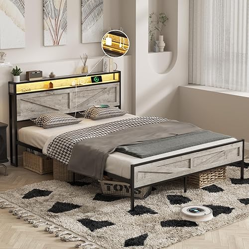 Miniatura 33 de Base de cama LED tamaño Queen con estación de carga y 4 cajones, plataforma de metal con cabecero de puertos USB, marco de cama de granja con luces