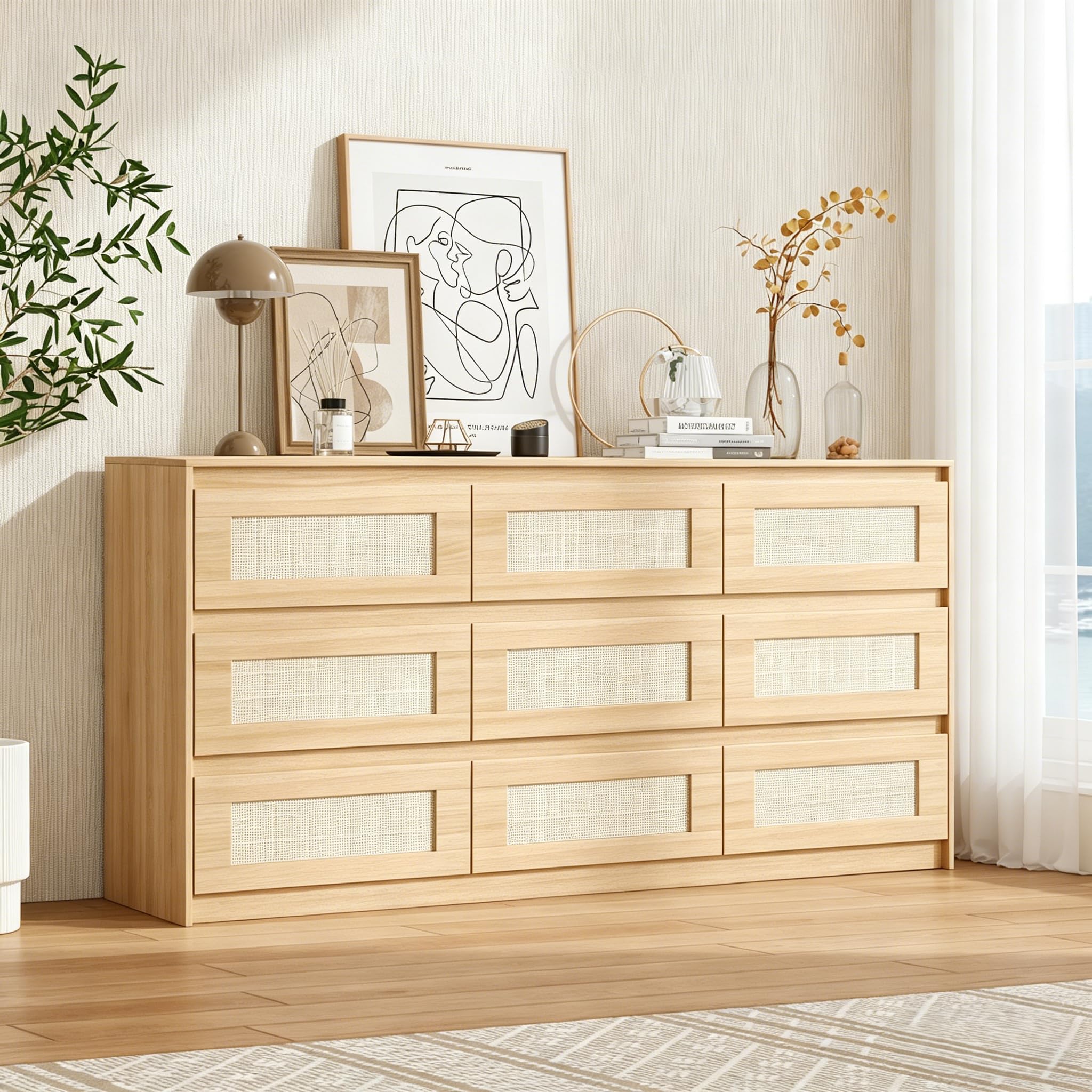 modern rattan dresser Garvee Modern Rattan 5 Drawer Dressers for Bedroom Tall Dresser with Deep Drawers Large Chest of Drawers for Closet with Wide Top Long Wooden Dresser