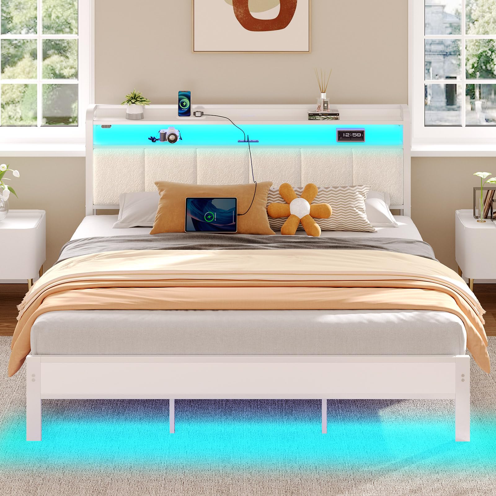 Rolanstar Bed Frame King Size with Charging Station and LED Lights Upholstered Headboard with Storage Shelves Heavy Duty