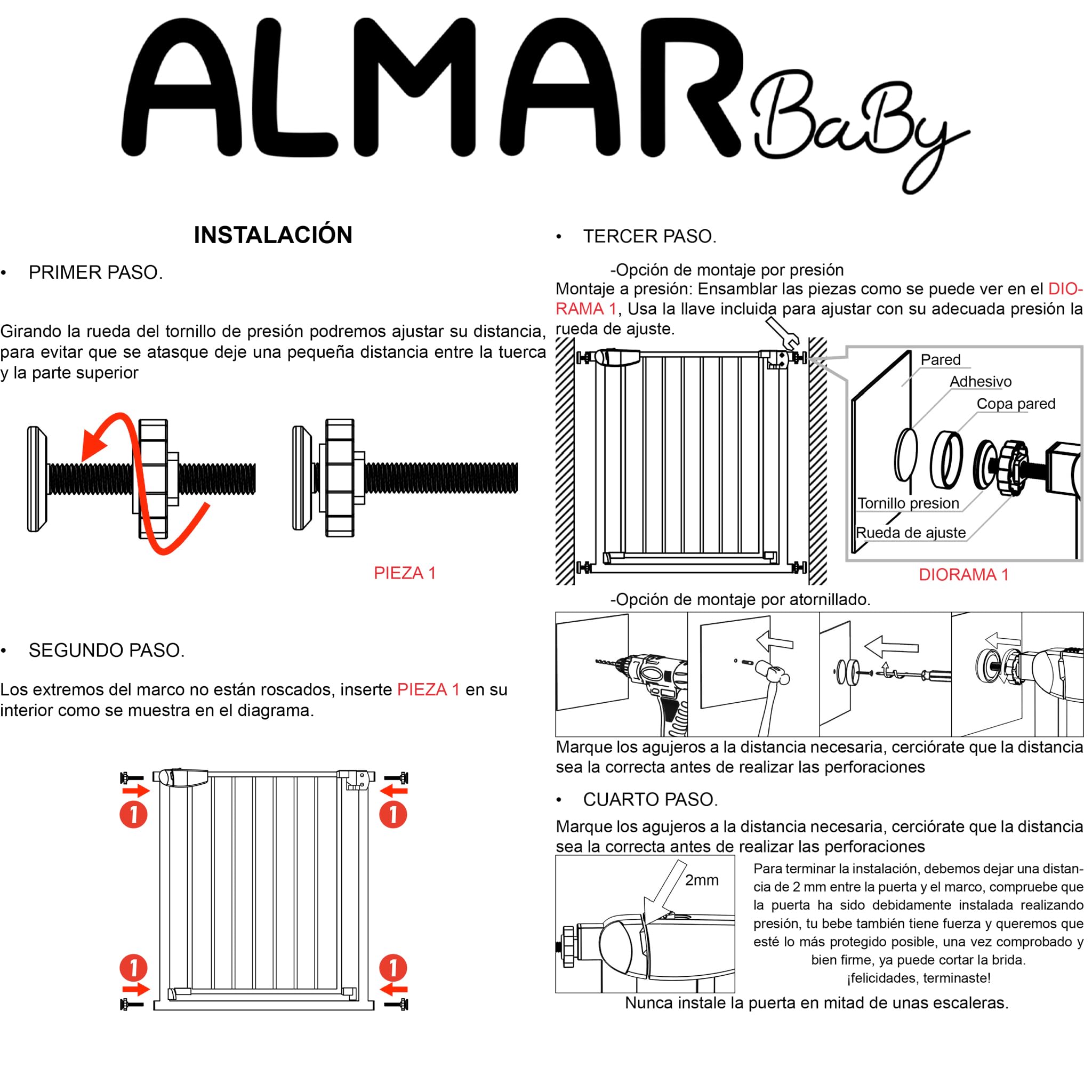 ALMAR Baby Barrera de Seguridad 67-74cm Blanco | Facil Montaje sin Tornillos para Puertas, Pasillos o Escalera para Niños o Mascotas | Valla Blanca con Sitema de Cierre Automático Giro Ambos Lados