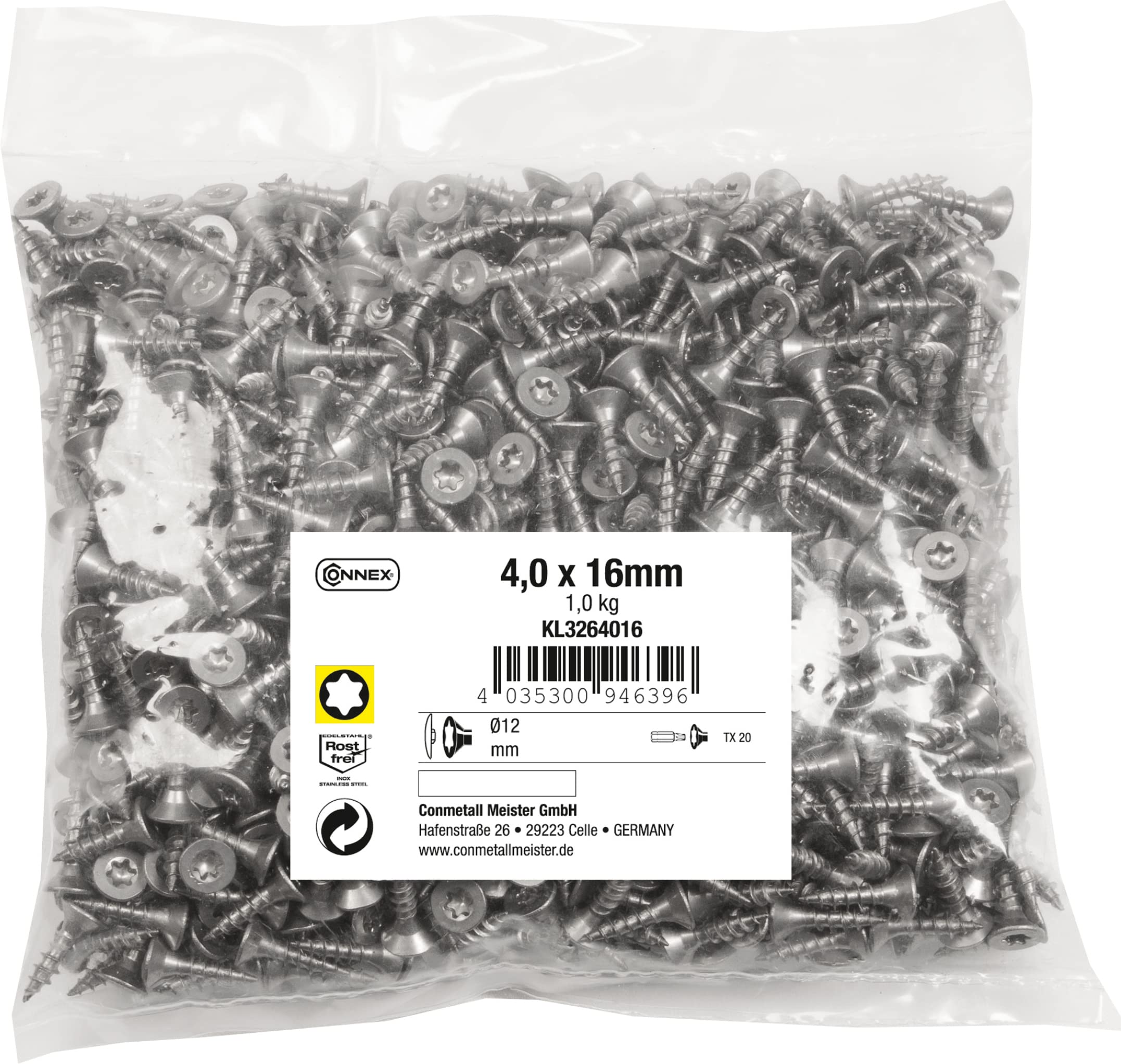 Connex KL3264016 Universal Screws 4.0 x 16 mm, 1 kg Bulk Pack, Countersunk Head, TX Drive, Full Thread