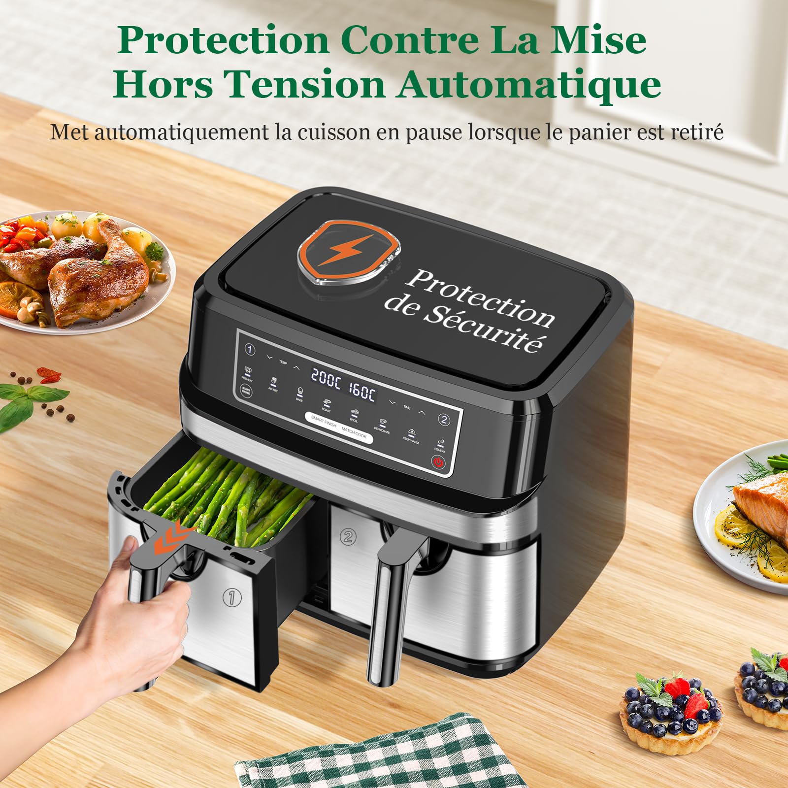 Air Fryer Double Compartiment 9L | Friteuse Sans Huile a 2x4,5L Tiroir, 2600W Friteuse à Air Chaud 8 en 1 Écran Tactile Smart Finish Fonction, Airfryer Deux Zones Contrôle Individuel Température Temps