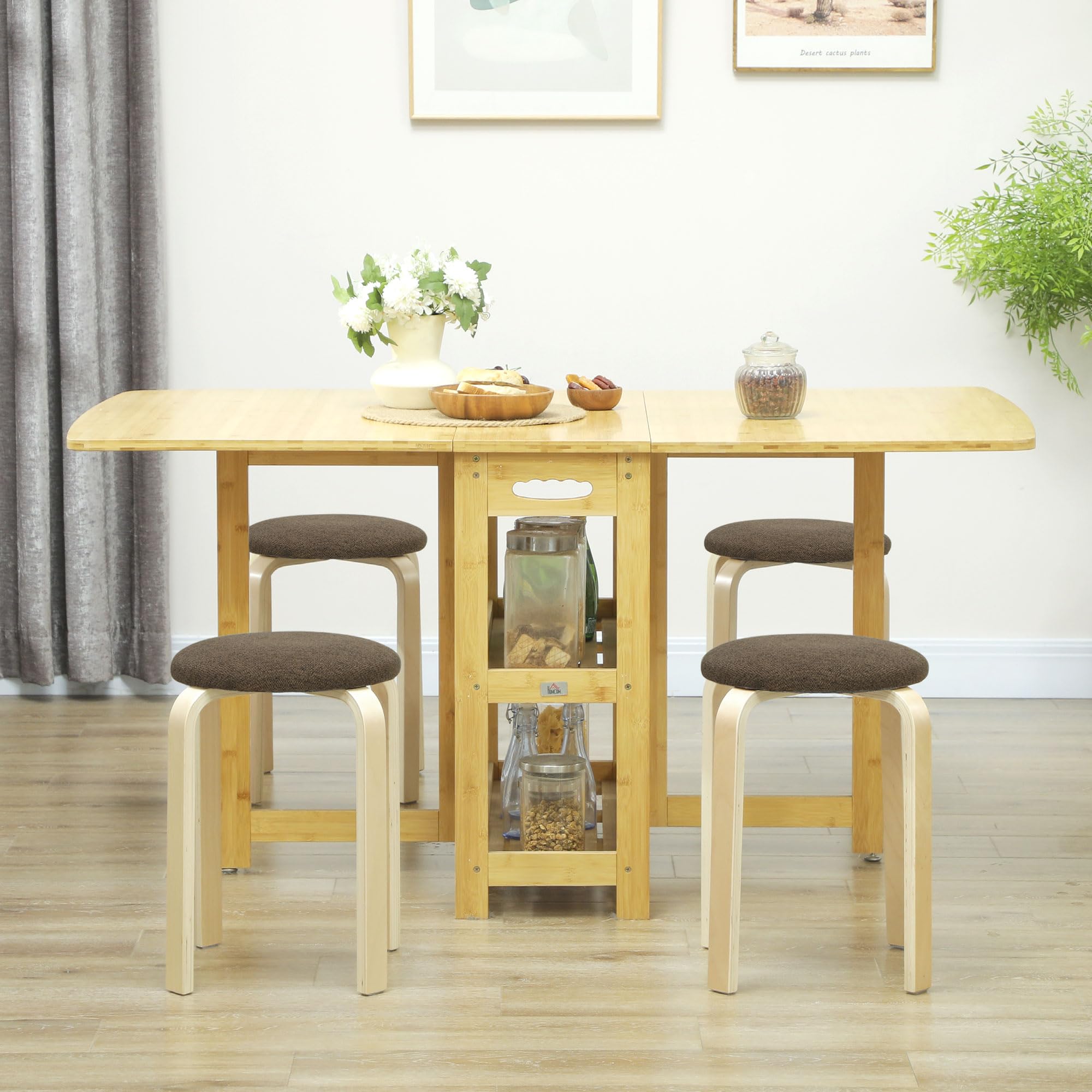 HOMCOM - Lot de 4 tabourets ronds empilables - Tabourets de cuisine bas avec assise rembourrée pour salle à manger, chambre à coucher, bureau, salon - Marron et naturel