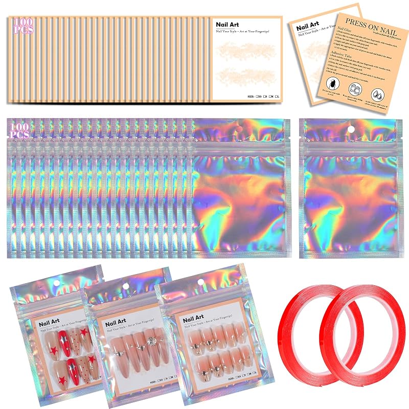 Kit de embalagens para unhas postiças Uyolaxed com efeito holográfico, prata, 100 unidades