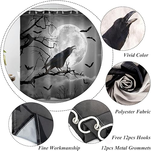 Miniatura 5 de LB Cortina de ducha gris de Halloween, cuervo negro sobre árbol muerto, juego de cortina de ducha de luna de terror, murciélago aterrador en bosque