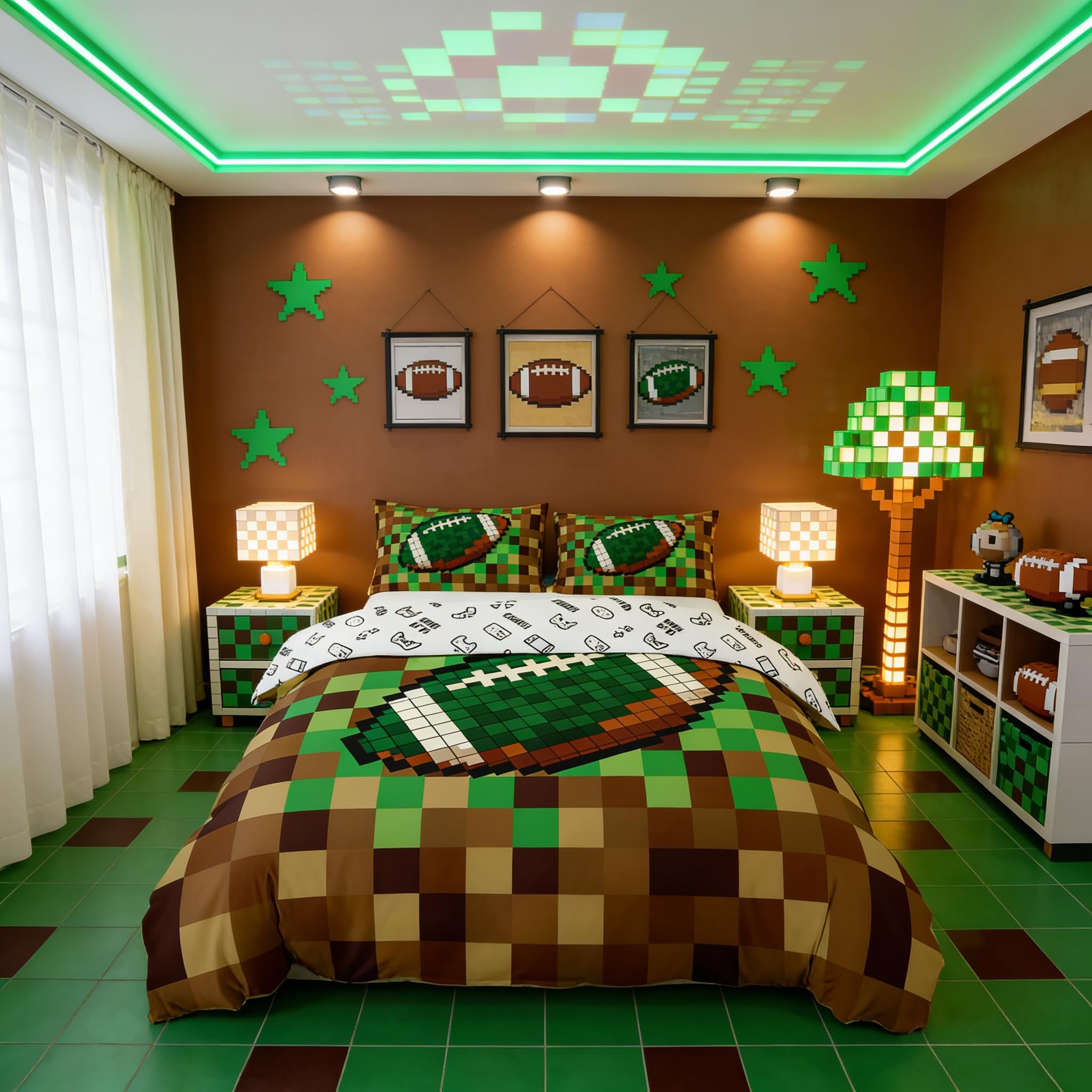 American Football Kids Duvet Cover Set Single Size,Pixelated Geometric Grid Bedding Set for Boys Girls Room Decor,Gamepad Video Games Quilt Covers,Brown Green Comforter Cover,1 Pillowcase,No Filler — image 1