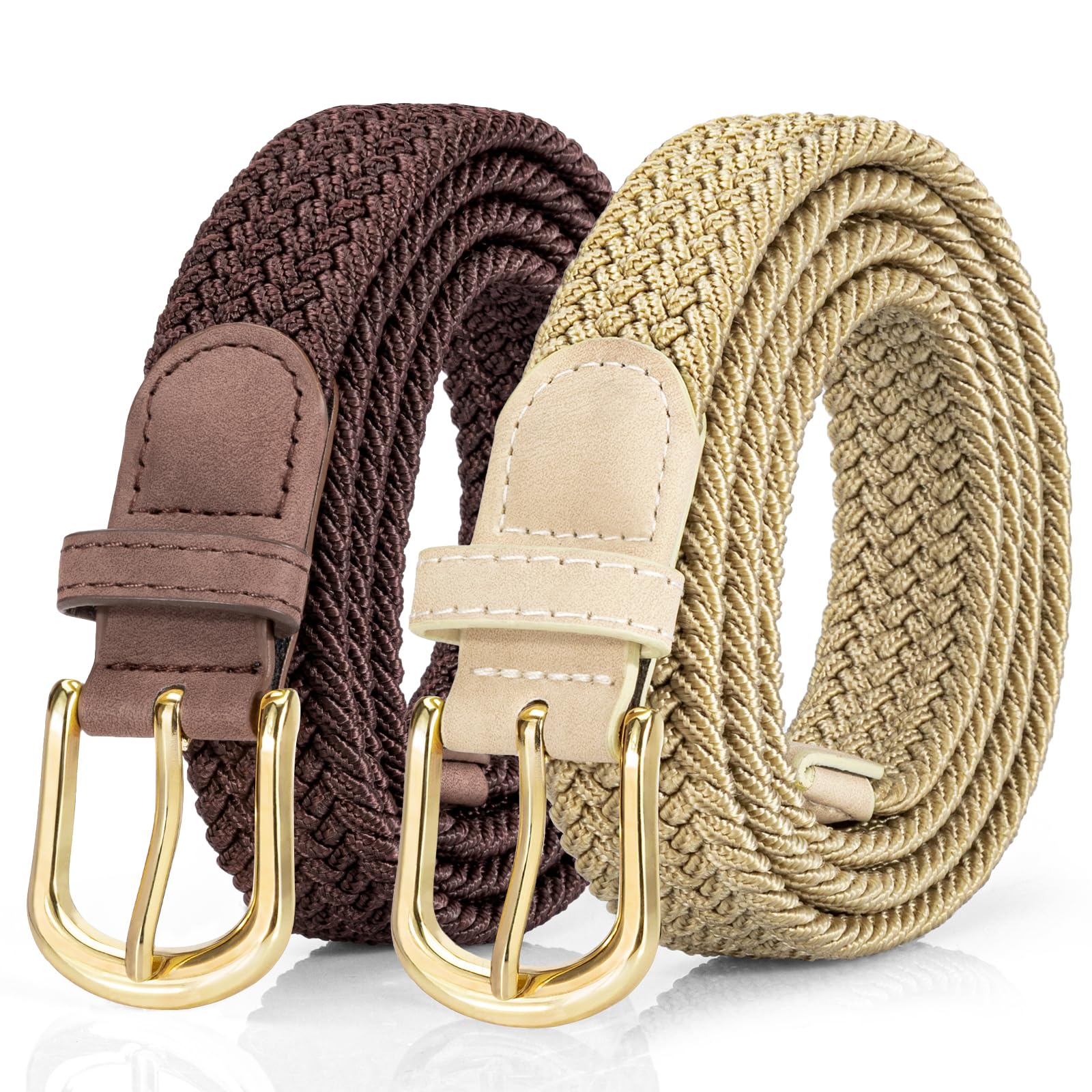 Alphyly Neries 2 Pack Braided Belt for Women, Elastic Woven Stretch Fabric Cloth Belt with Gold Buckle