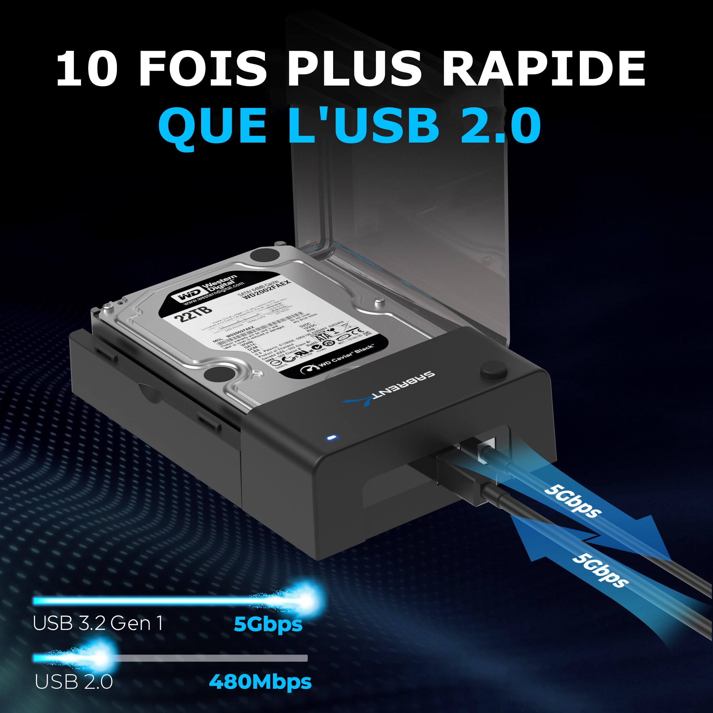 SABRENT Boitier Disque Dur 3.5, Rapide 5Gbps Boitier SSD Externe 2.5"/3.5", Adaptateur SATA USB pour SSD/HDD, Lecteur Disque Dur, sans Outils UASP, câble USB Inclus avec Alimentation (EC-DFLT)