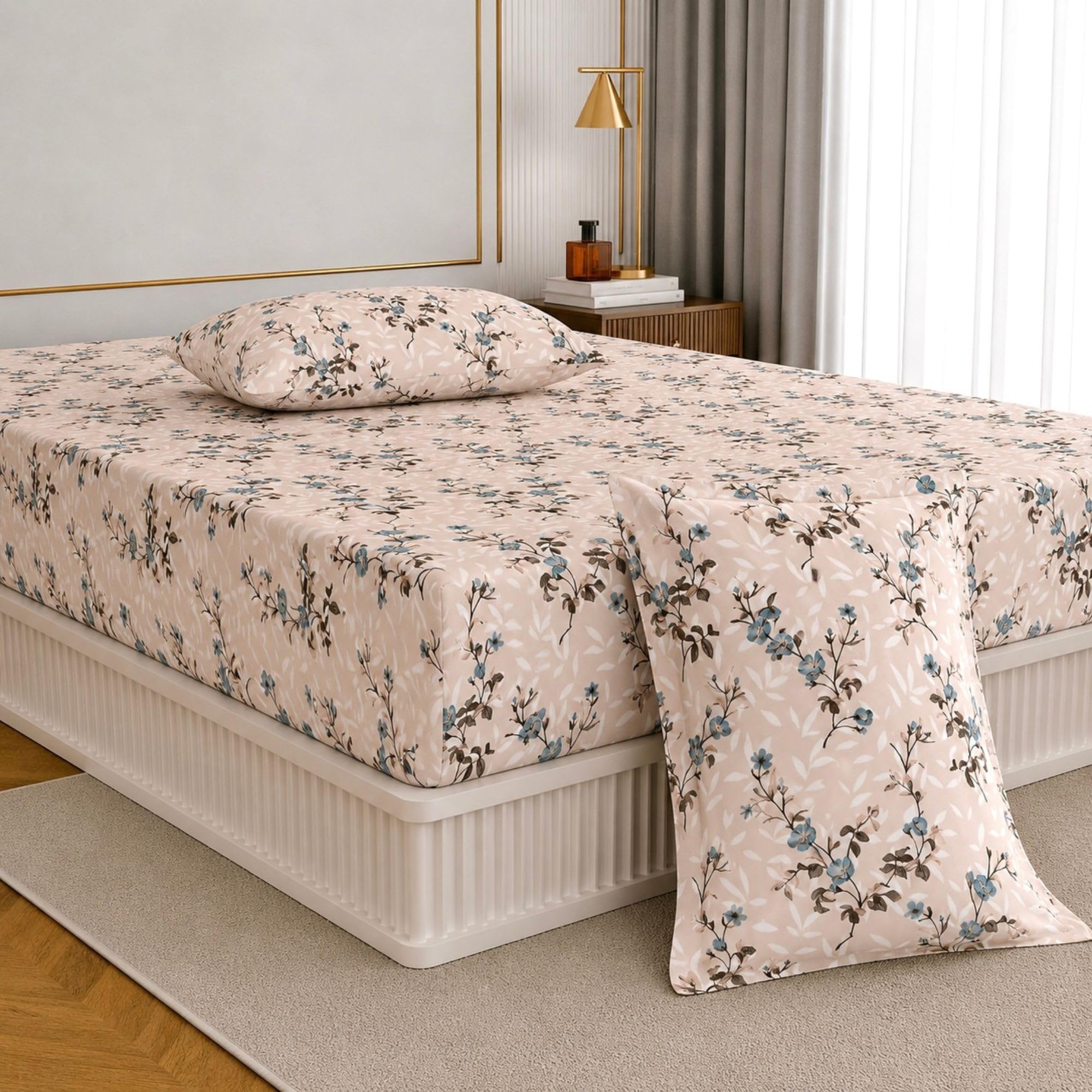 Jaipur Weaves Queen Size Fitted Bedsheet Cotton with Elastic, 100% Pure Cotton Double Bed Fitted Sheet with 2 Pillow Covers,240 TC,60×78 Inches up to 8-inch Mattress,Floral Design (Spring Tulips Pink)