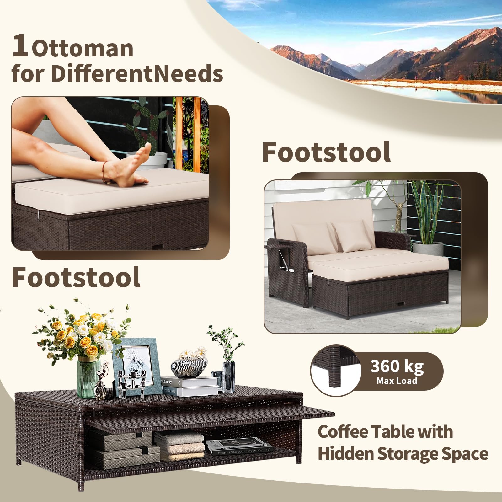 GIANTEX Meble balkonowe, meble do użytku na zewnątrz, sofa ogrodowa z taboretem, sofa z rattanu z funkcją spania, mała sofa balkonowa, meble ogrodowe, nie zajmuje dużo miejsca do przechowywania, sofa | Trzy w jednym wzorze