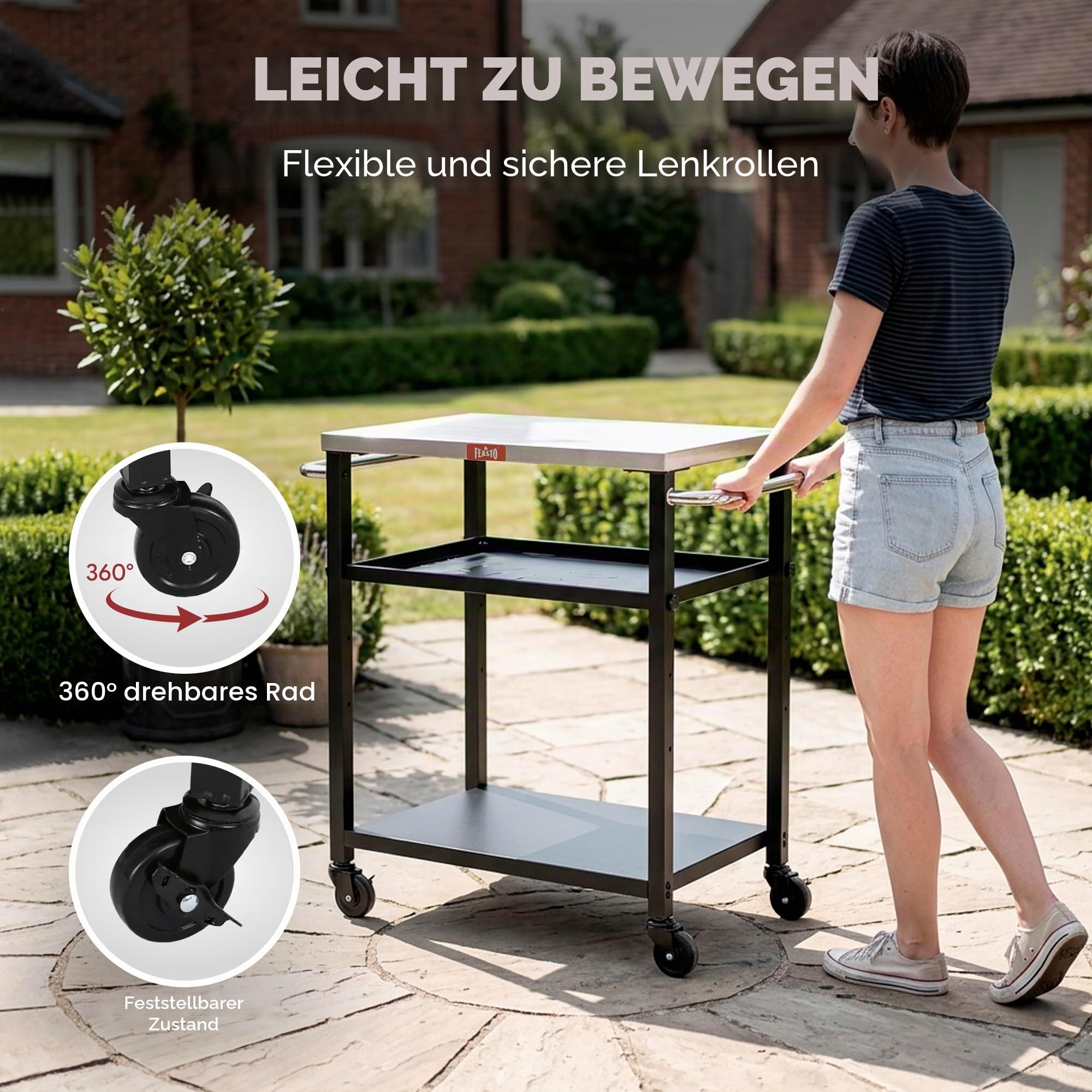 Feasto Rollender 3-stöckiger Verstellbarer Pizza-Ofen-Tisch und Lebensmittelzubereitung, für Zuhause und Außenbereich, multifunktional, funktioniert auf Vier Rädern, L 86xB 40xH 84 cm
