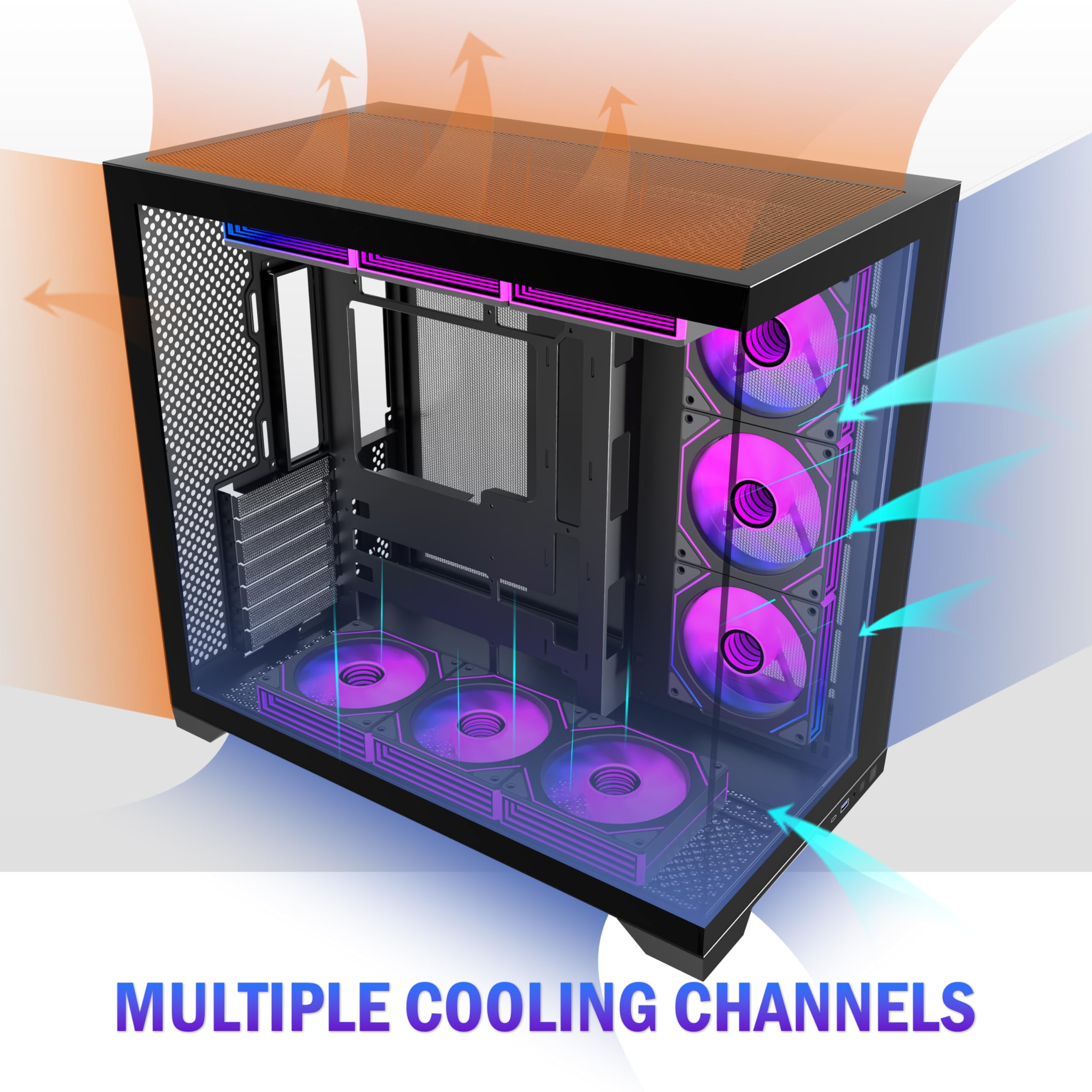 KEDIERS Case per PC preinstallata, ventola nera da 9 × 120 mm, ATX Mid Tower, case per computer con visione panoramica, pannello frontale in vetro temperato