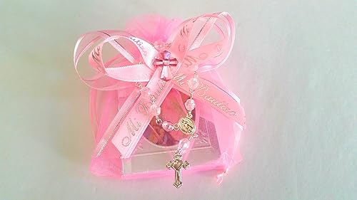 Miniatura 2 de Rosa para niña. Bautismo favores 12piezasLibros de oración.Español- (12) cinta de organza del favor de Bolsas. (12) Mini rosarios. Libro en