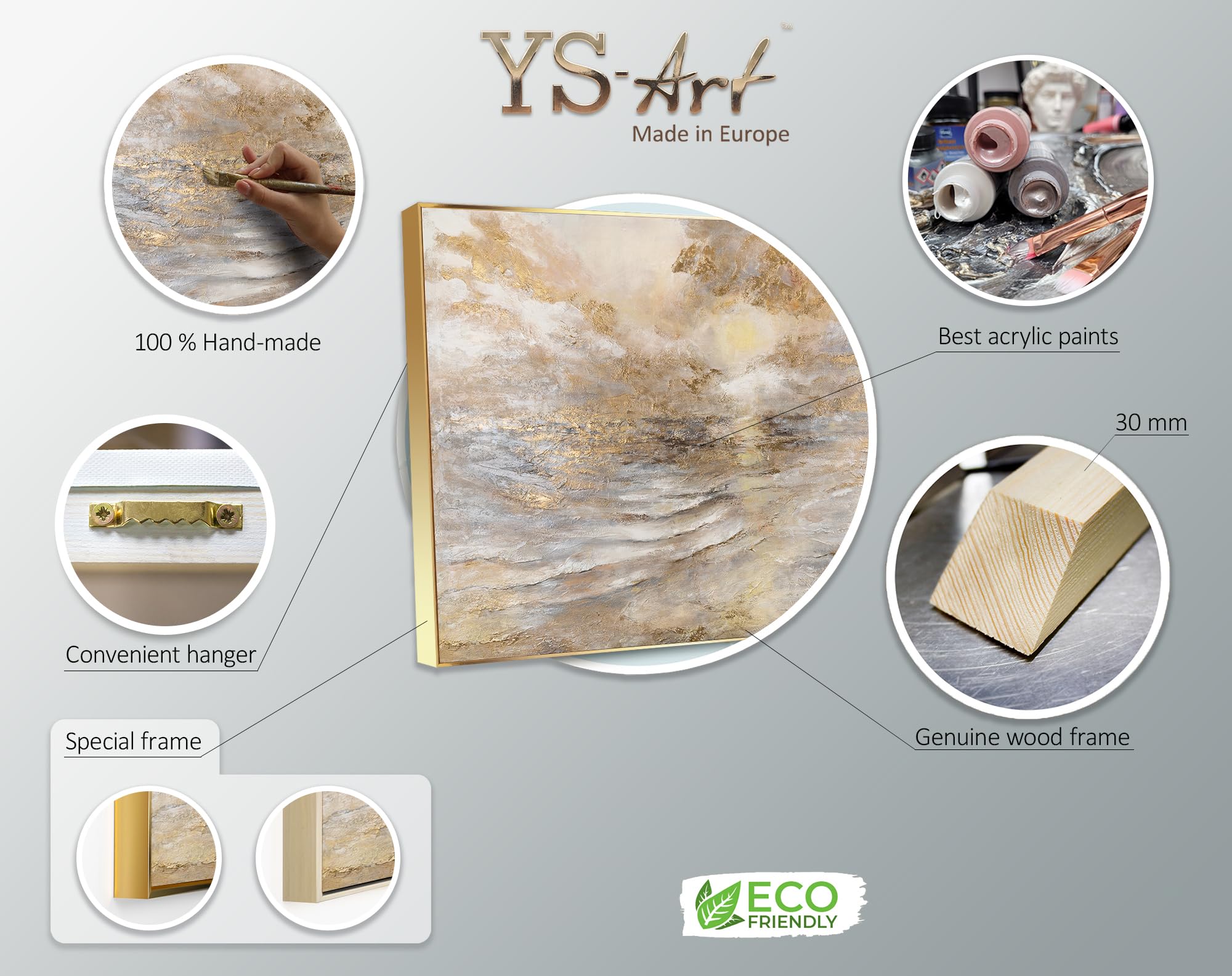 YS-Art Quadro Marino Beige Oro Perla Materico Dipinto a Mano su Tela per Soggiorno Luminoso Camera Relax e Hotel Boutique 120x80 cm