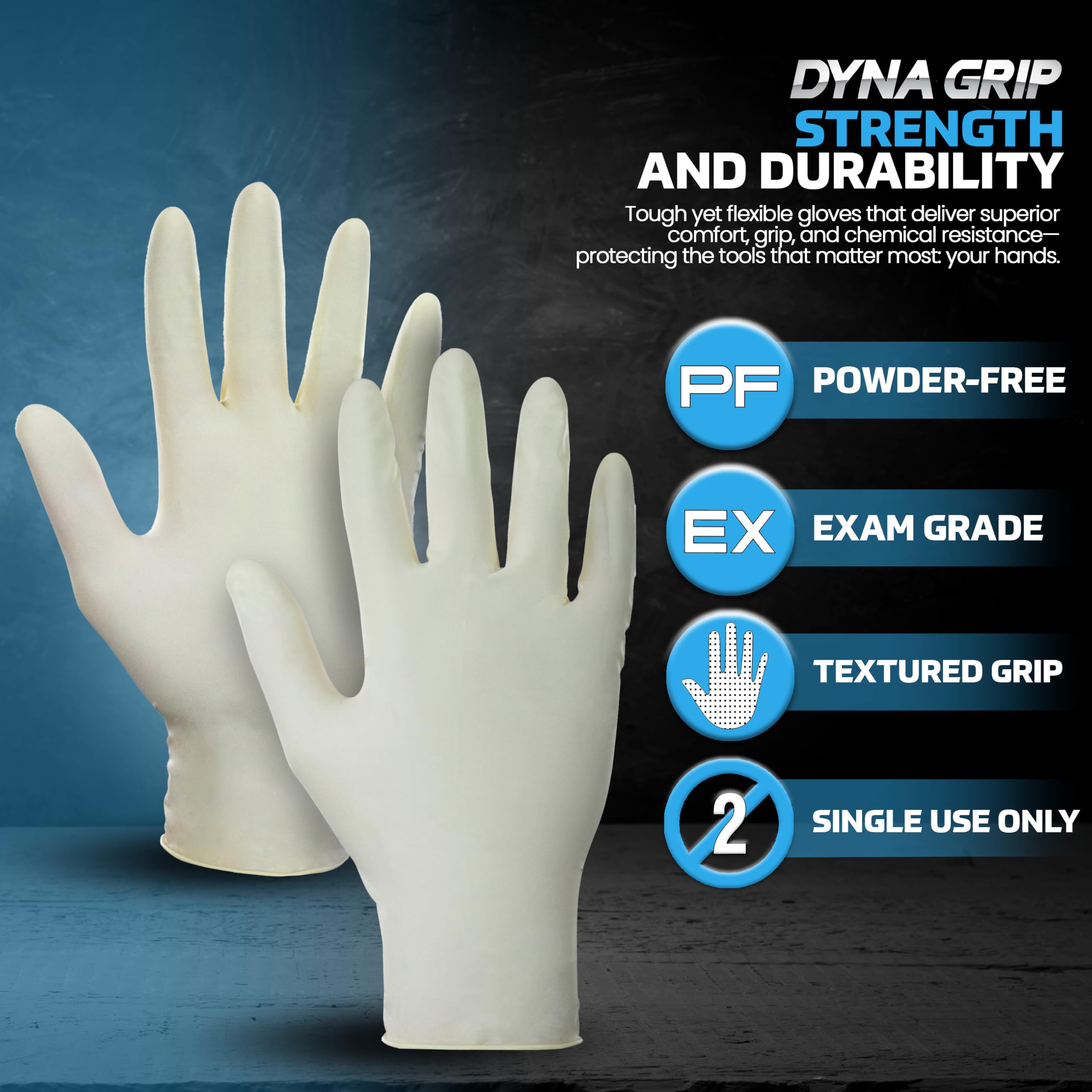 Dyna Grip 650-1001 Gants jetables en latex non poudrés de qualité supérieure - 10 boîtes/1000 gants - 7 mm au total - Taille S - Grip texturé, poignet perlé, usage unique