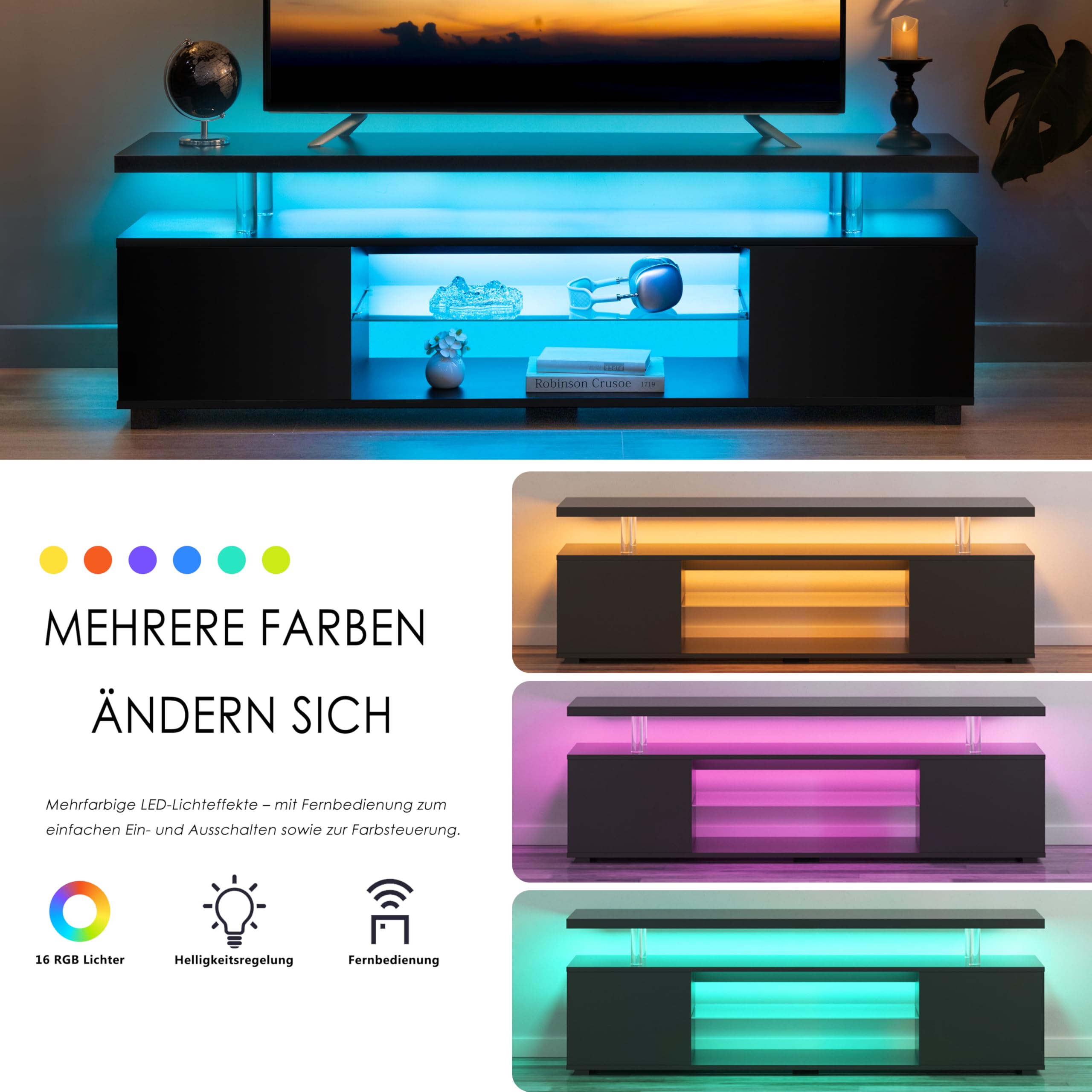Cubehom LED TV-Schrank 130 cm, Moderno mobile porta TV con illuminazione a LED e spazio di archiviazione, tavolo TV per soggiorno, per televisori fino a 60 pollici, Nero