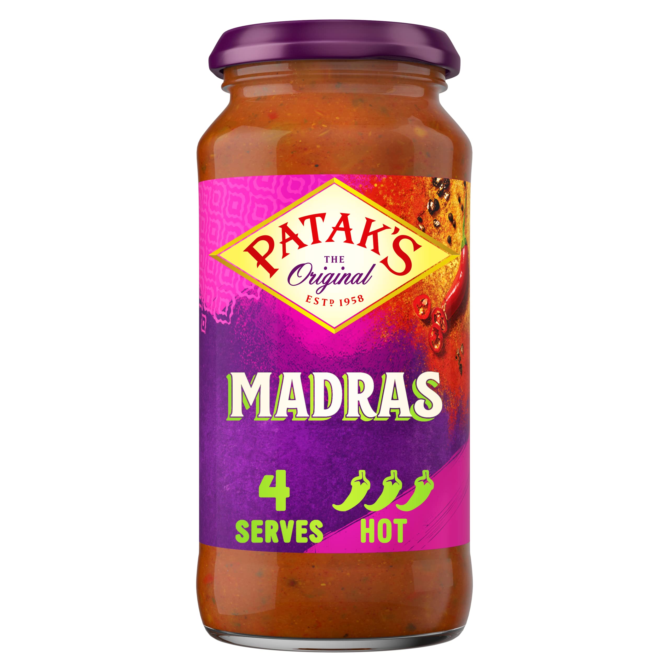 Patak's Madras Curry Sauce 450g | Hot Spice | Serves 4 | Authentic Indian Simmer/Cooking Sauce
