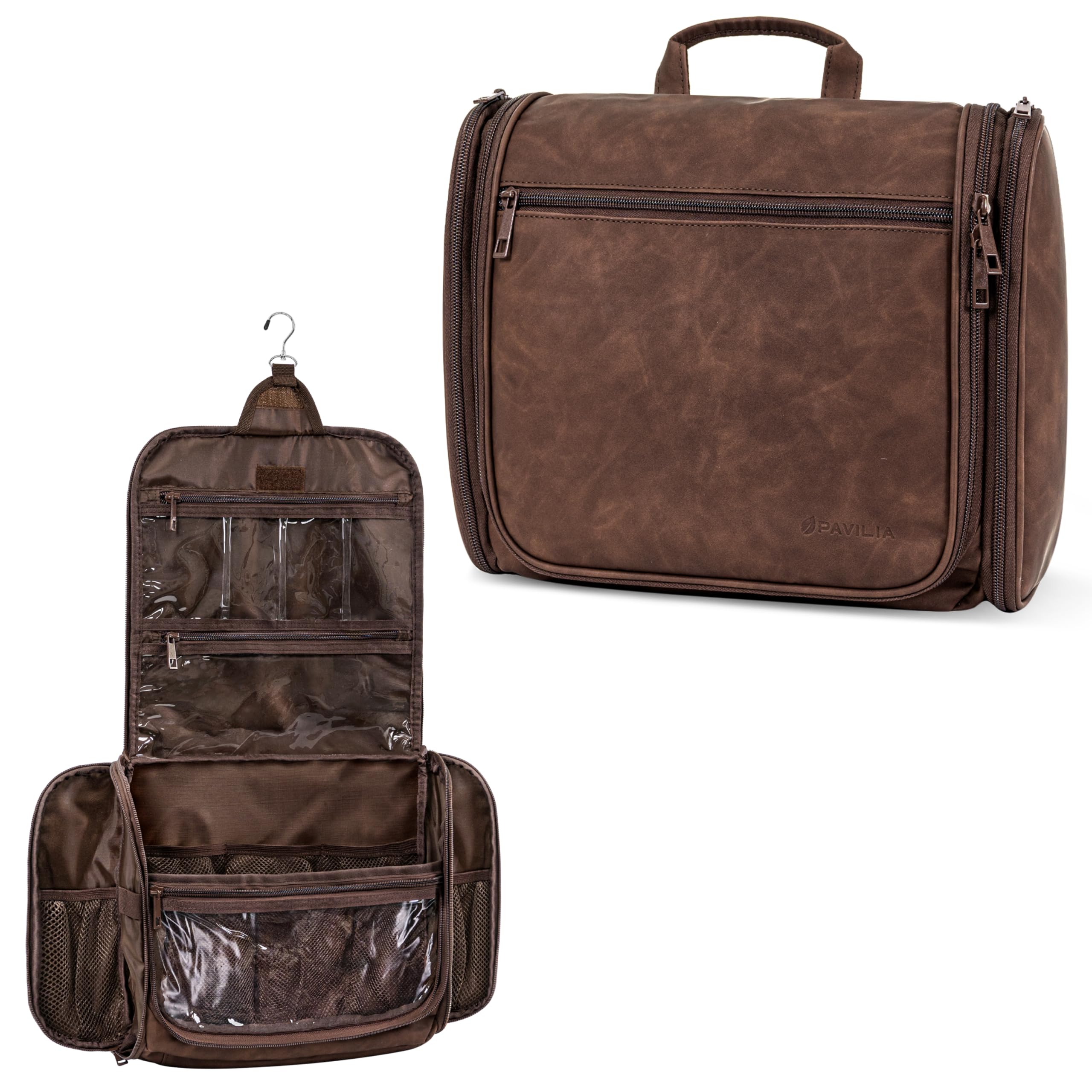PAVILIA Large Hanging Toiletry Bag Travel Bag Women Men PU Leather Cosmetic Organizer Water Resistant Makeup Bag Accessories