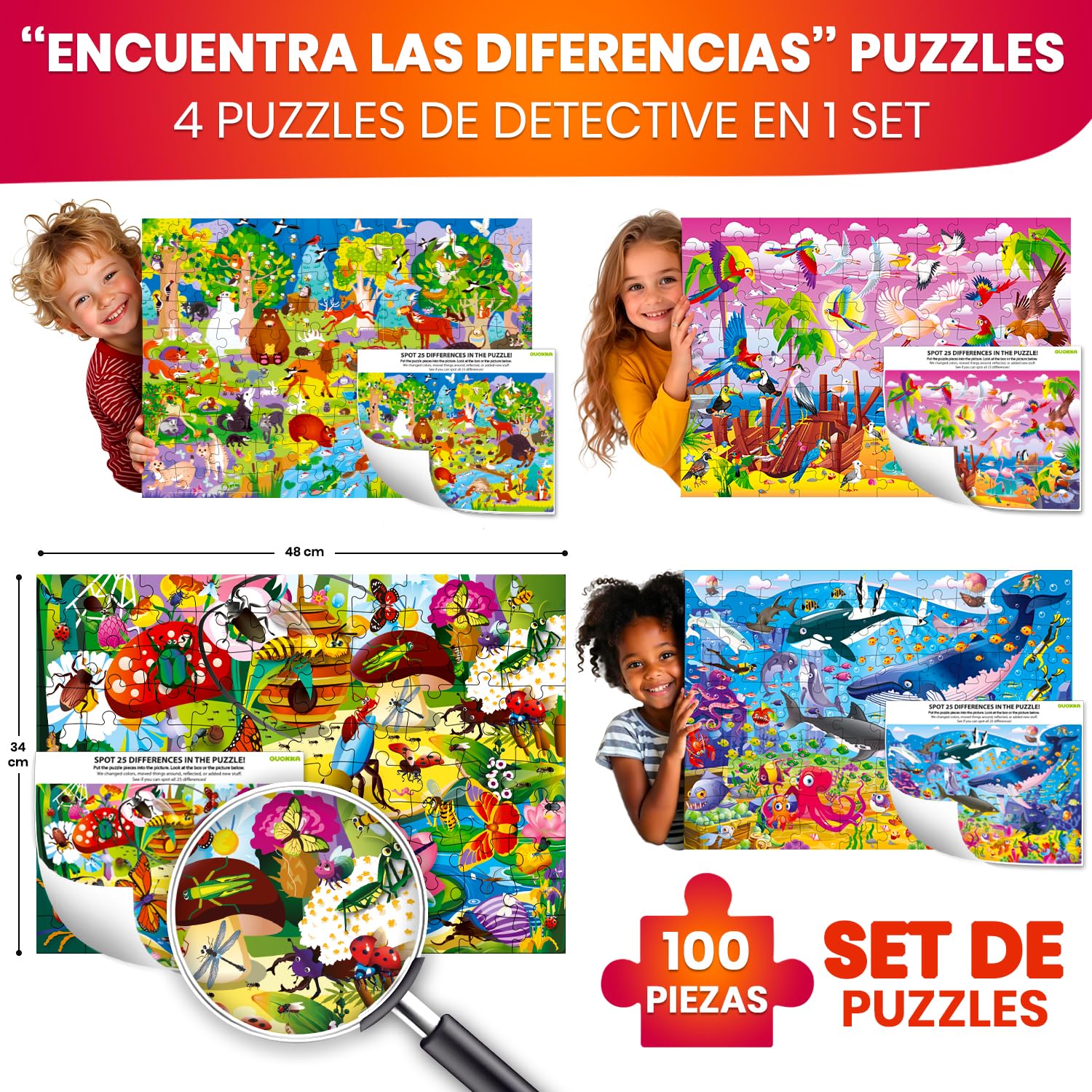 QUOKKA Puzzle 100 Piezas Niños 3 4 Años – Set de 4 Puzzles Animales Marinos 5 6 Años – Océano Bosque Animales e Insectos Rompecabezas Niños – Juguetes Educativos Regalo de 4 a 9
