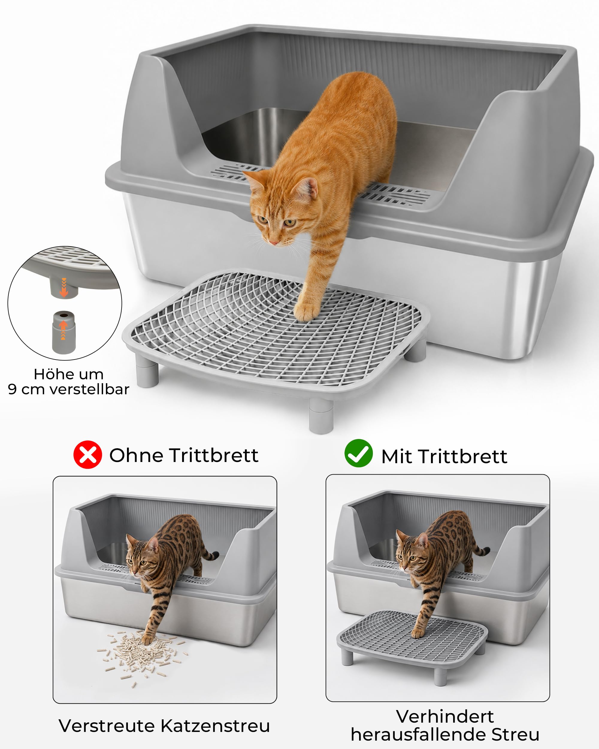 Katzenklo Edelstahl XXXL mit Hoher Rand (60x40x35cm) 42L