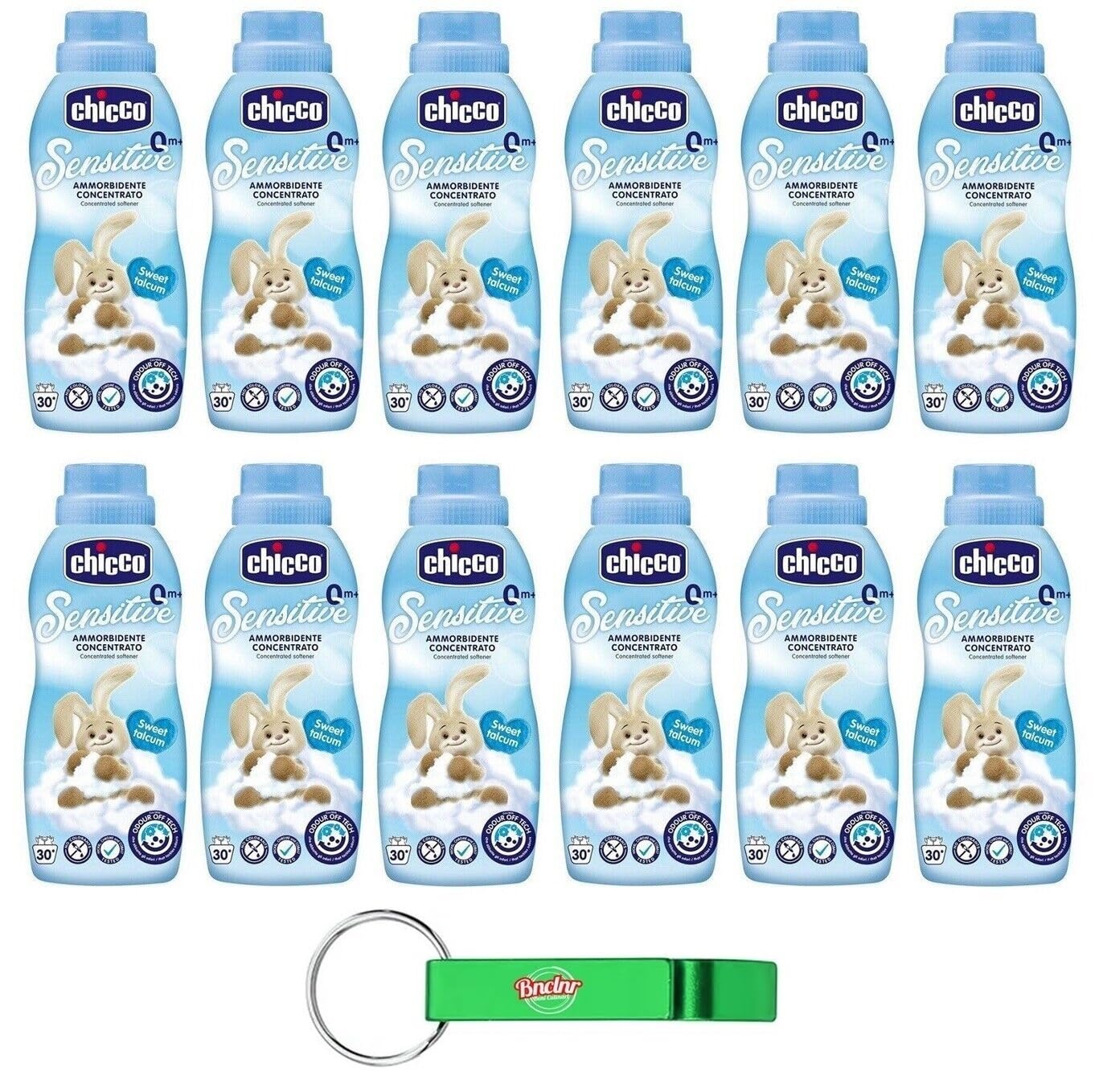 12x Chicco Sensitive Ammorbidente Concentrato Sweet Talcum, ideale per tutti i capi,ipoallergenico, senza coloranti, 30 lavaggi 750ml + Portachiavi Beni Culinari in Omaggio