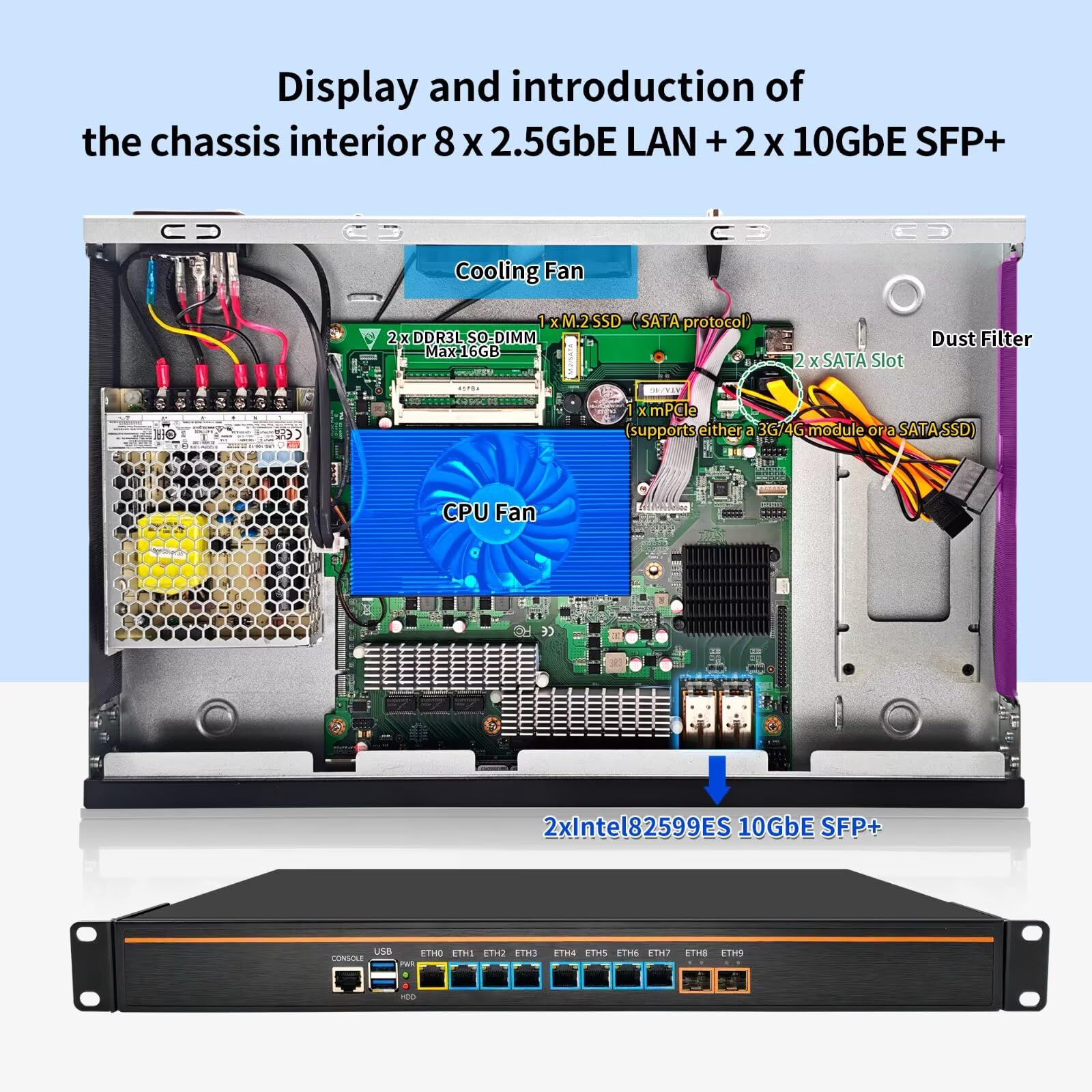 1U Firewall Appliance Z87, Core i5 4300M, 2x 10GBe Lan, 8 x i226V 2.5GbE LAN, OPNsense, VPN, 19 Inch 1U Network Rackmount, VGA, Console, USB3.0, DDR3L 8G RAM 128G SSD