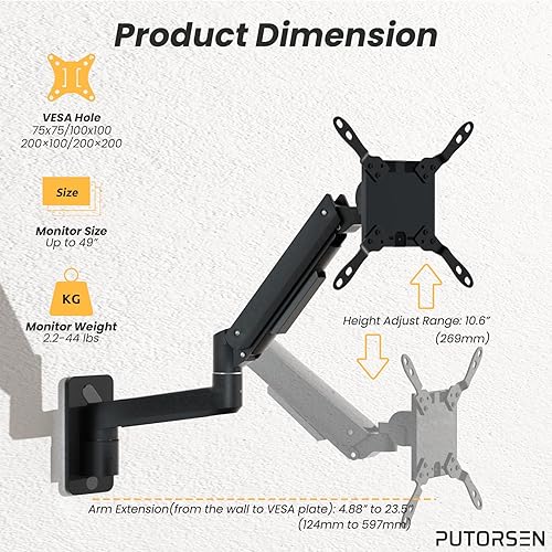 Miniatura 6 de PUTORSEN Soporte de pared para monitor ultra ancho de alta calidad de 17-49 pulgadas, brazo de monitor de montaje en pared individual resistente de