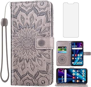 Asuwish Phone Case for Alcatel TCL A3X A600DL Wallet Cases with Tempered Glass Screen Protector and Sunflower Leather Slim Flip Cover Card Holder Stand Cell Accessories TCLA3X Women Men Gray