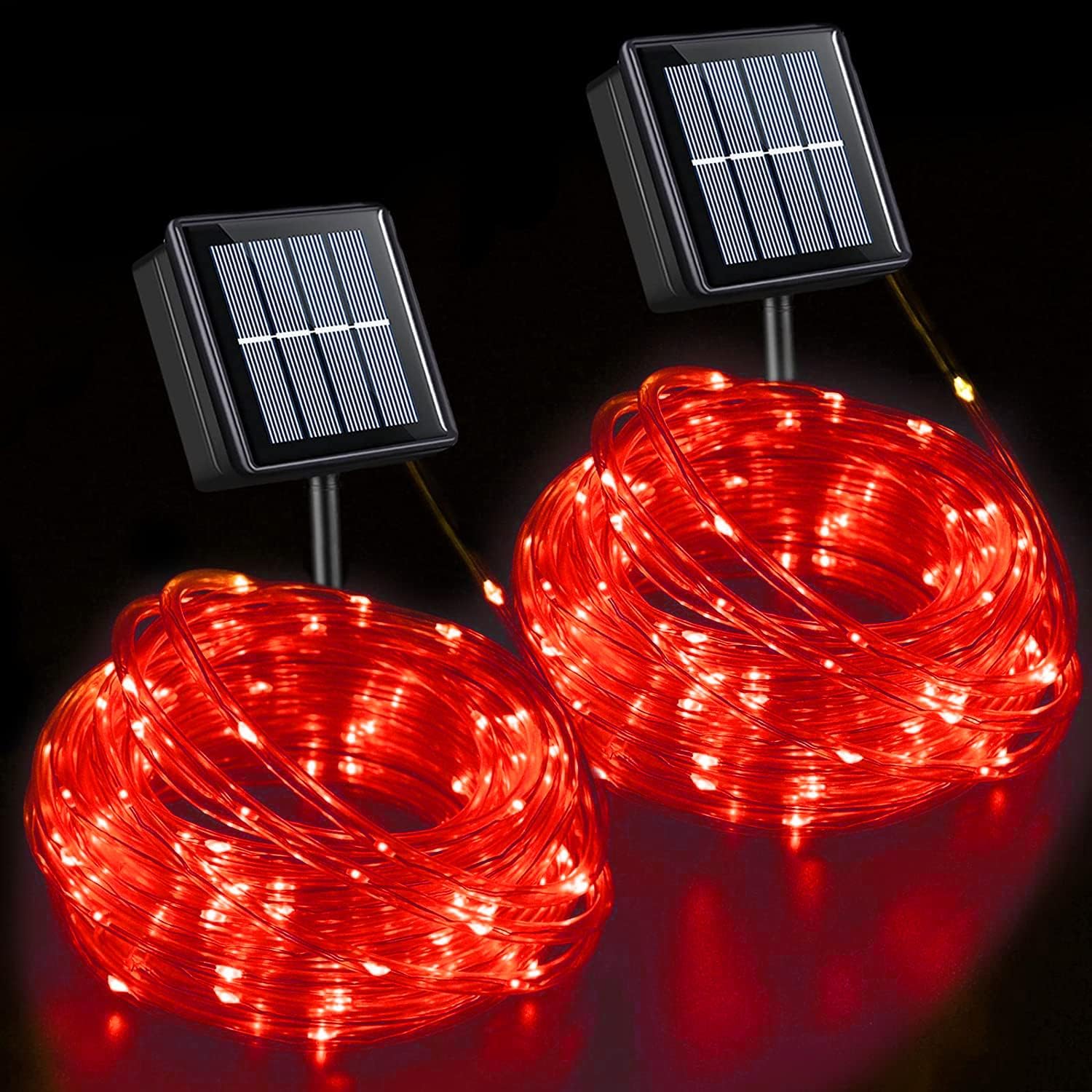 YEGUO Red Solar String Lights, 2 Packs Each 33ft 100 LED Rope Lights Outdoor, Clear Tube Fairy Lights