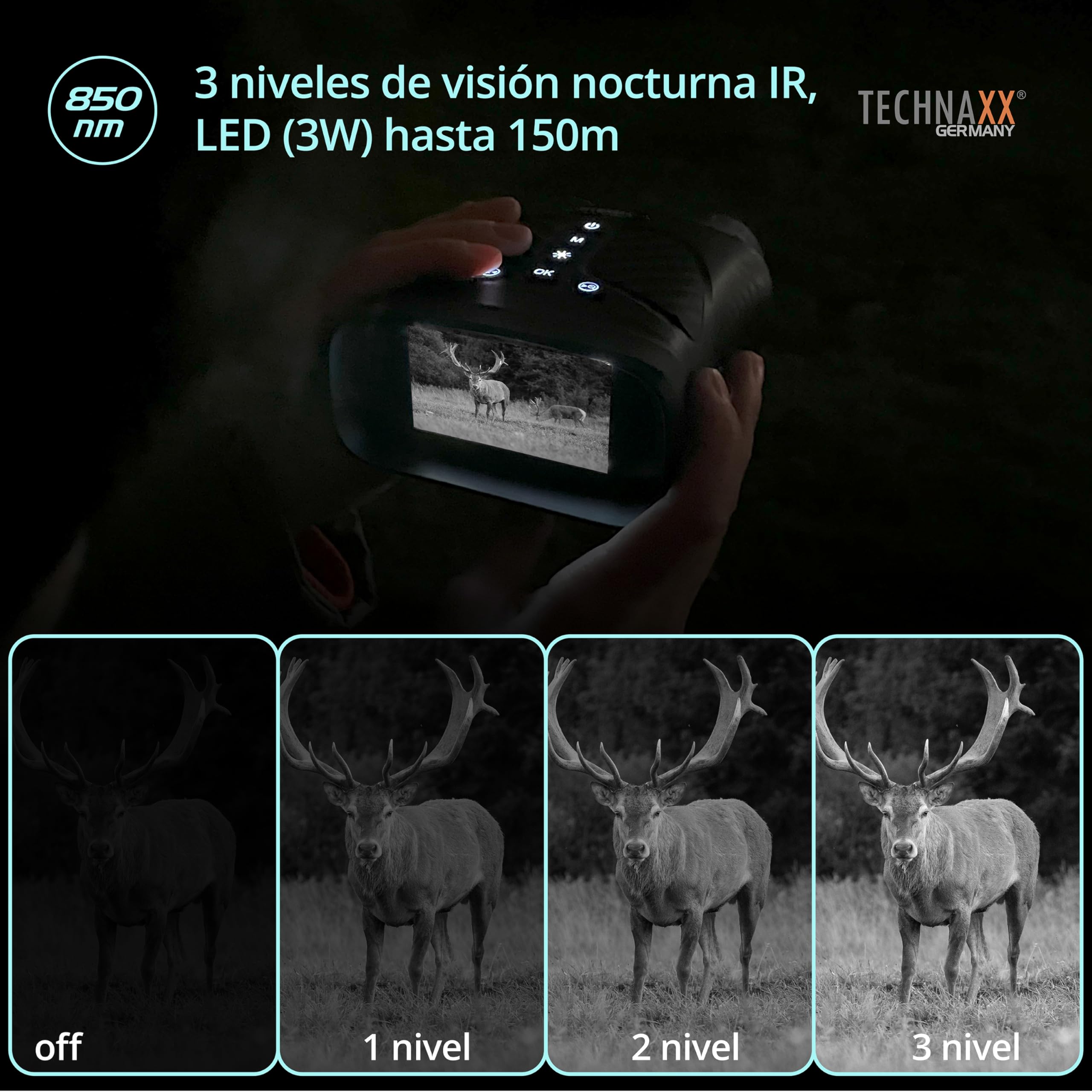 Technaxx Visor Nocturno – Video Full HD 1080p y Foto 40MP – Aumento Óptico 4X, Zoom Digital 8X – LED IR 850nm hasta 150m – Pantalla IPS 3 Pulgadas – Batería 2500mAh – para Caza y Outdoor - TX-257