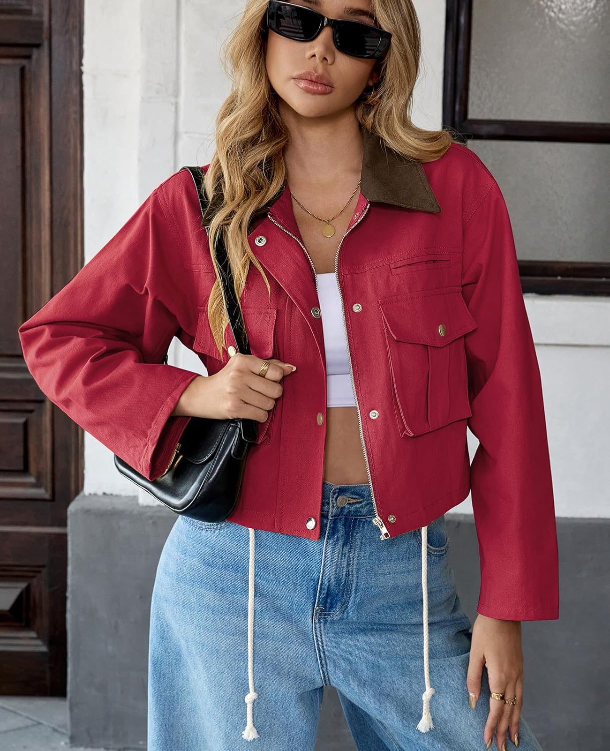 WOWULOVELY Womens Cropped Jacket Contrast Collar Utility Coat Button Down Lightweight Cargo Jacket Barn Jacket Outwear - Image 3