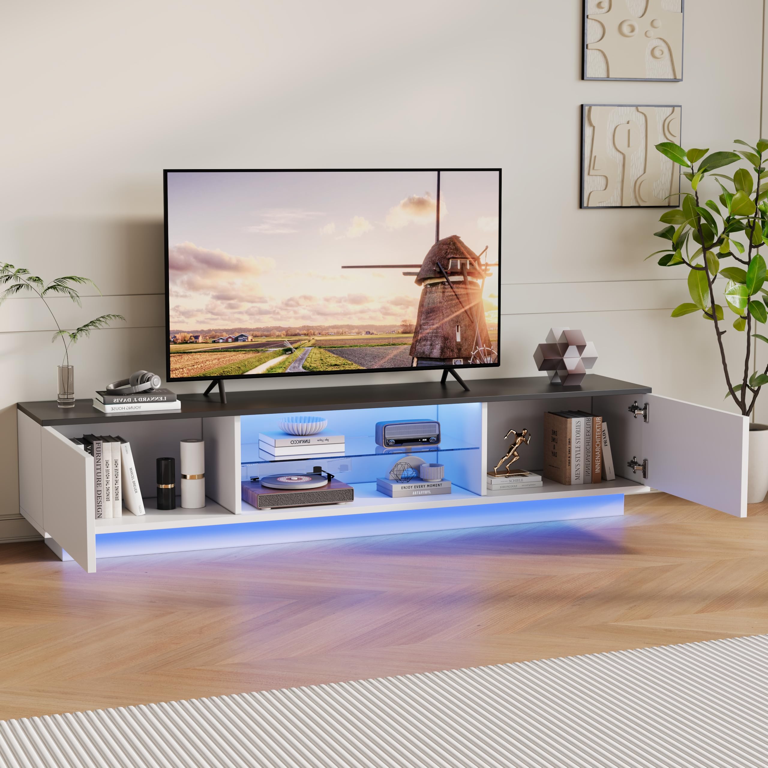 Mobile TV 160 cm, Mobile Tele con luci LED, Panca TV Bianco con Spazio di Conservazione, per TV fino a 65 pollici, Design moderno, Armadio-TV per Soggiorno, Camera da letto (Bianco-160 cm)