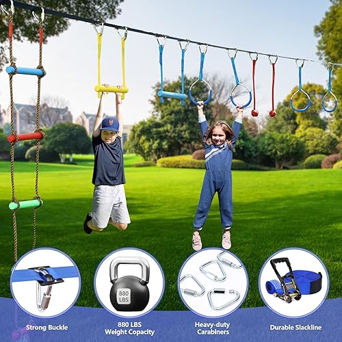 Vista 2 de Ninja Warrior - Carrera de obstáculos para niños, kit de línea floja de 2 x 56 pies con 10 accesorios ninja, barra de mono, escalera de cuerda