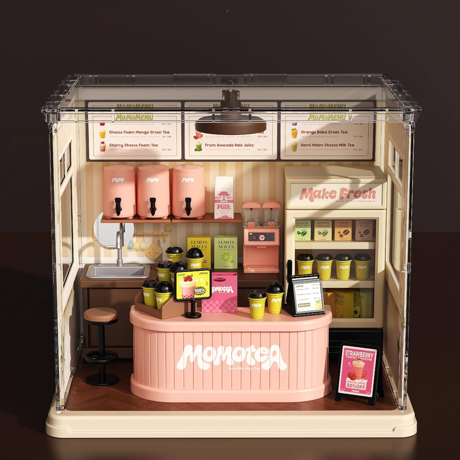 Milk Tea Shop DIY Miniature House Building Toy Dollhouse Set with LED Creator Playset Suitable for Mini Figures Construction Toys Diorama Kit Gifts for Adults