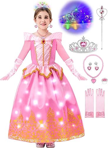 Light Up Princess Dresses for Girls, Princess Dress Up Costume with 6-Pack Accessories