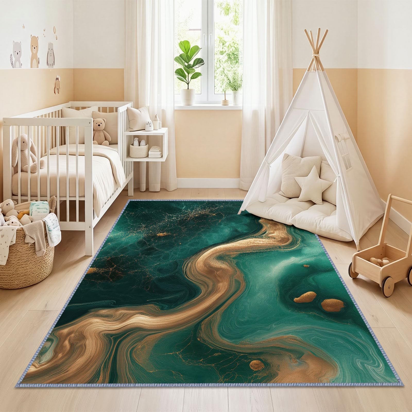 Générique Tapis Moderne Abstrait Fluide Doux Antidérapant 160 x 230 cm, Décoratif Poils Courts Vert et Or Marbre Vortex Élément Facile d'entretien pour Chambre Salon Salle à Manger