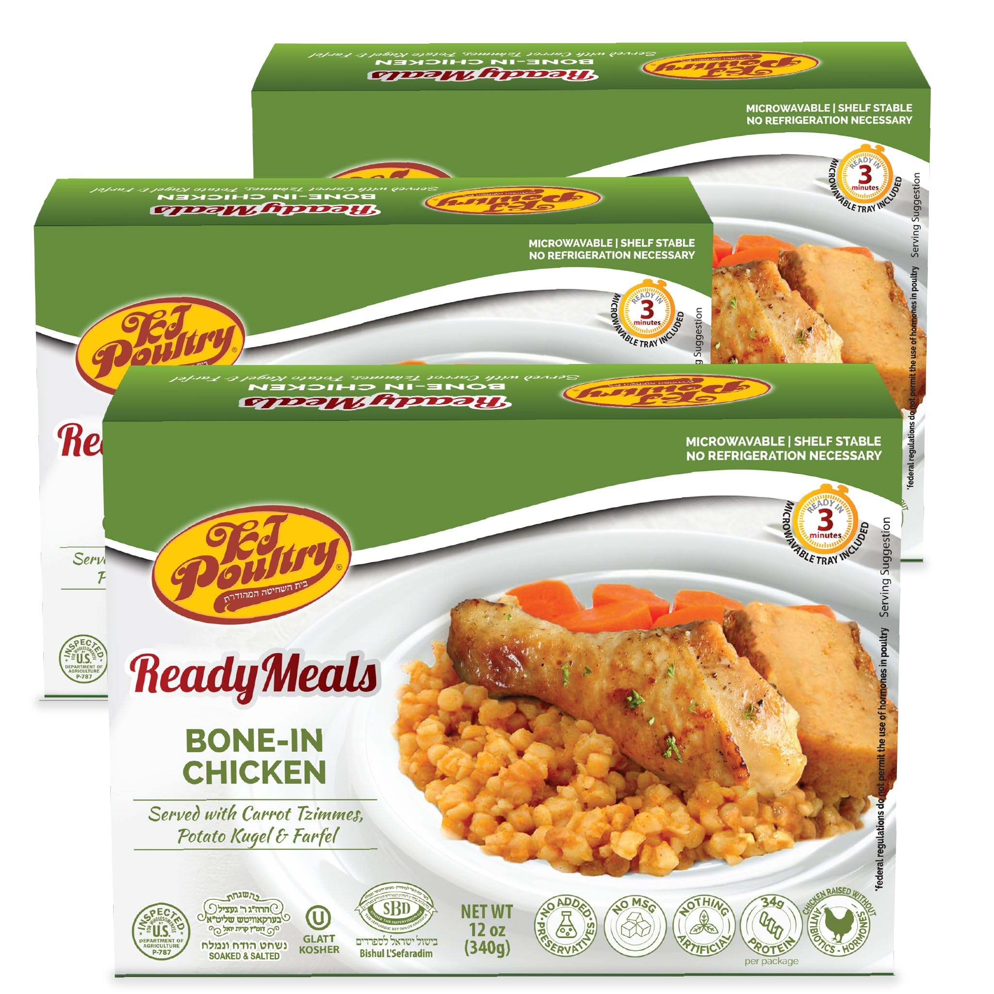 KJ PoultryKosher Ready Meals - Bone In Chicken & Kugel, MRE Meat Meals Ready to Eat, Shabbos Food, Halal, (3 Pack) Prepared Entree Fully Cooked, Shelf Stable Microwave Dinner Travel Military Camping
