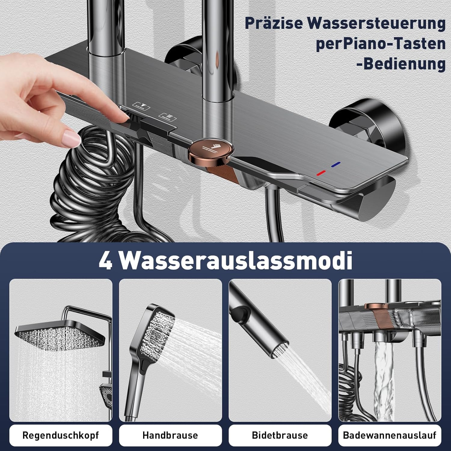 Duschsystem mit Armatur, XXL Regendusche Komplettset mit Klaviertasten-Bedienung, 4 Funktionen Duscharmatur Set, Höhenverstellbar 83-110cm, Messing & Gehärtetes Glas, Duschamatur für Badewanne