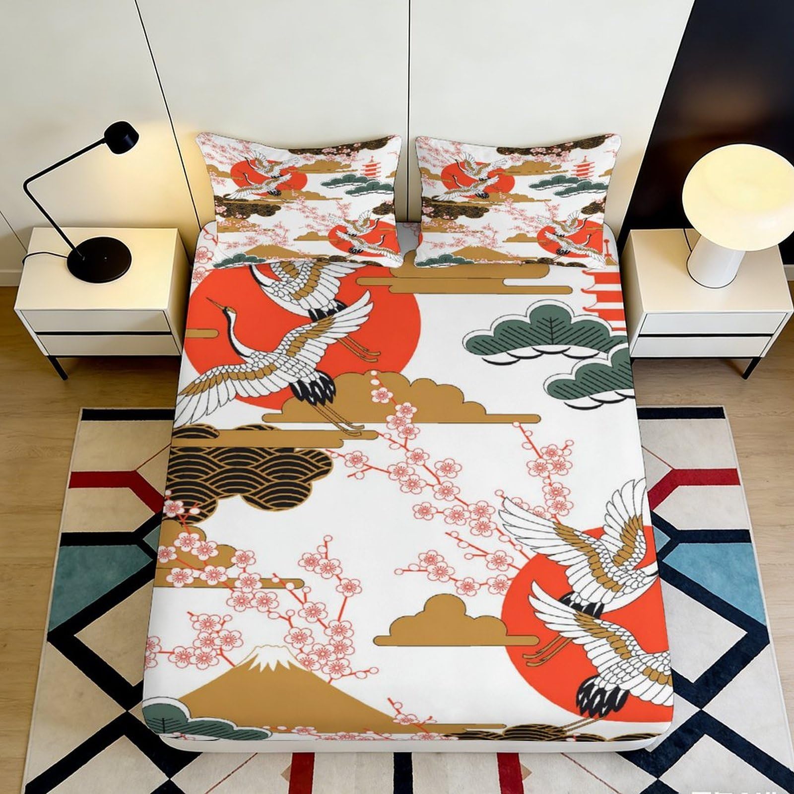 3D Printed Japanese Crane Fitted Sheet Microfiber Soft Breathable Sakura Sun Mattress Cover for Bedroom Guest Room 90x200x25cm