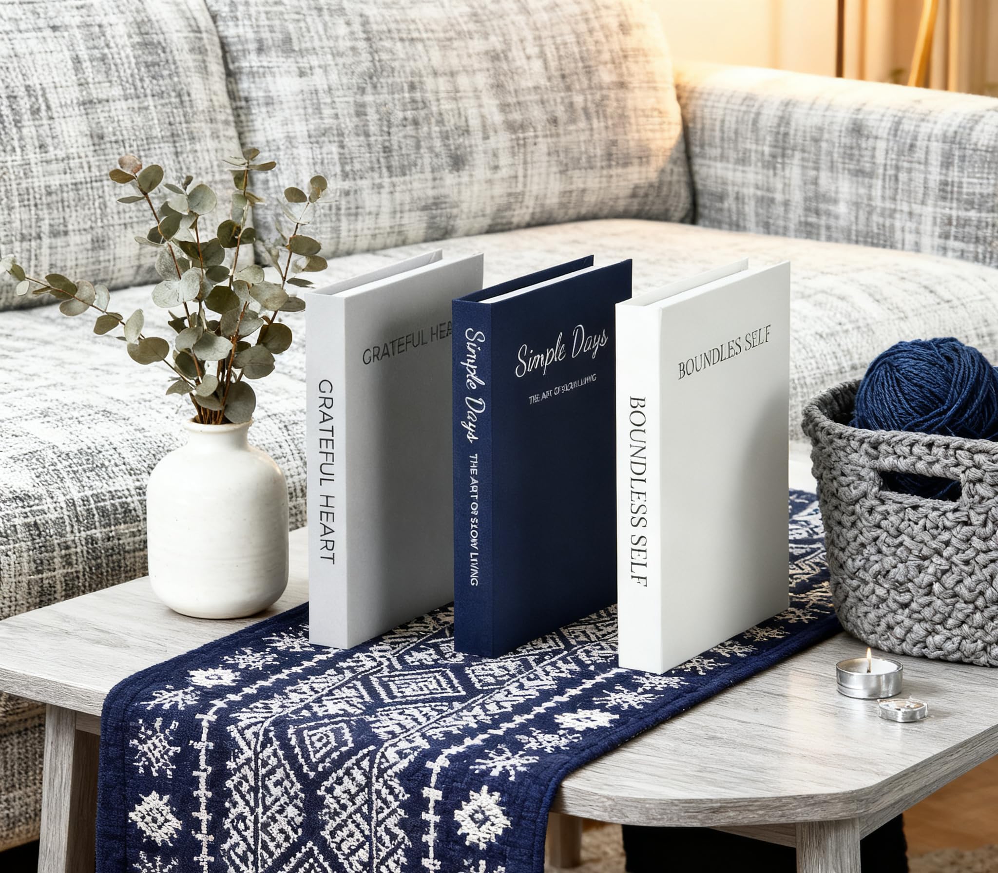 Set di 3 libri decorativi estetici blu navy grigio bianco con copertina rigida in lino sintetico, scatola decorativa per libri decorativi per la casa (blu navy filosofico)