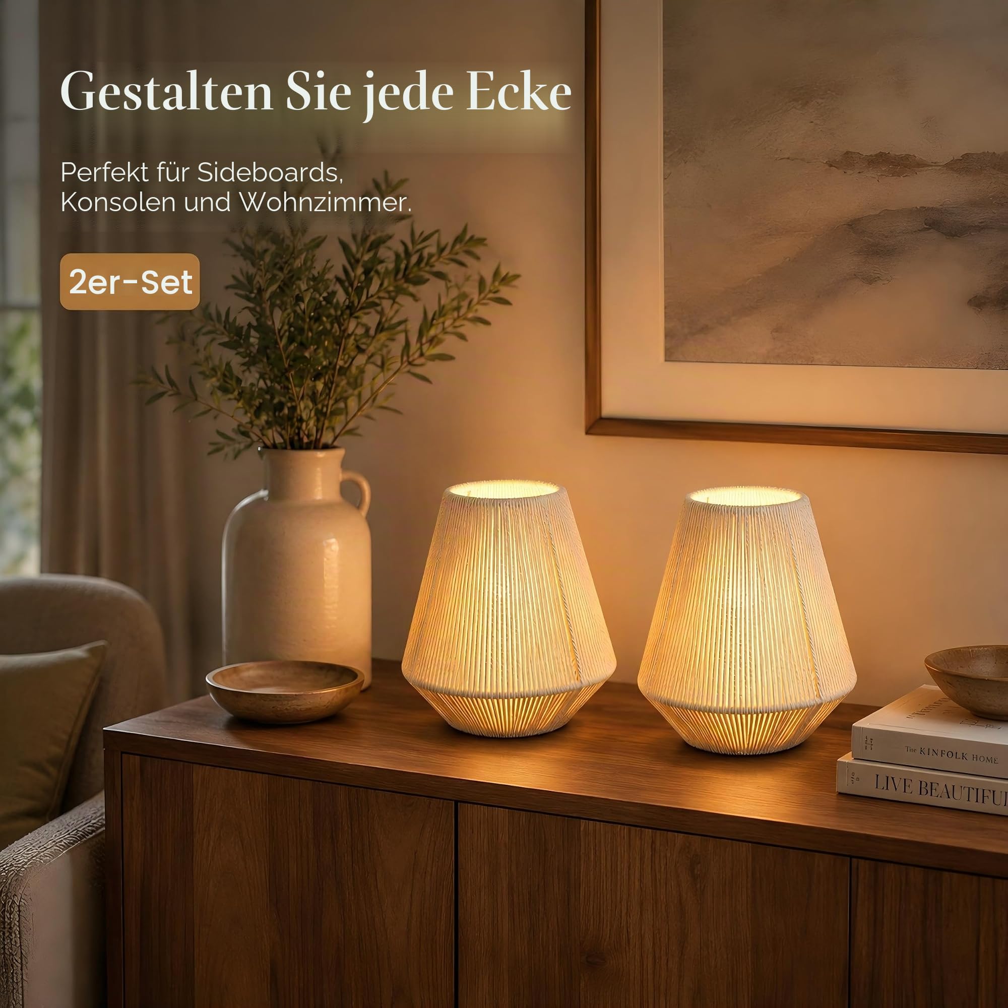 JHY DESIGN Set mit 2 gewebten Lampenschirmen Tischlampen 21 cm hoch Baumwollseil Nachttischlampen Kabellose dekorative batteriebetriebene Lampen mit 6-Stunden-Timer für Schlafzimmer Wohnzimmer