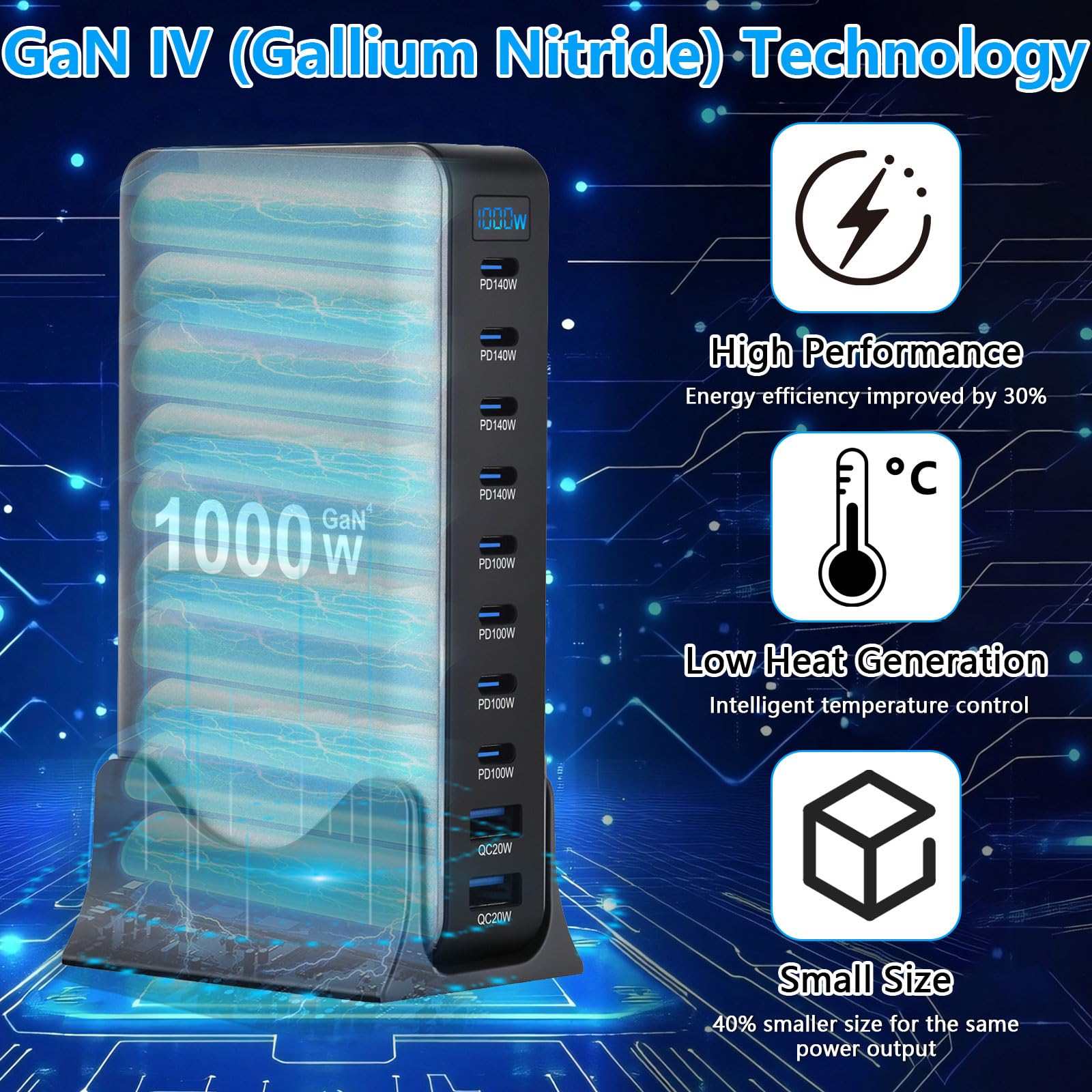 Chargeur USB C multiple 1000 W - 10 ports - Chargeur rapide pour ordinateur portable - Station de charge compatible avec MacBook Pro/Air, iPad, iPh0ne, Galaxy S25, etc