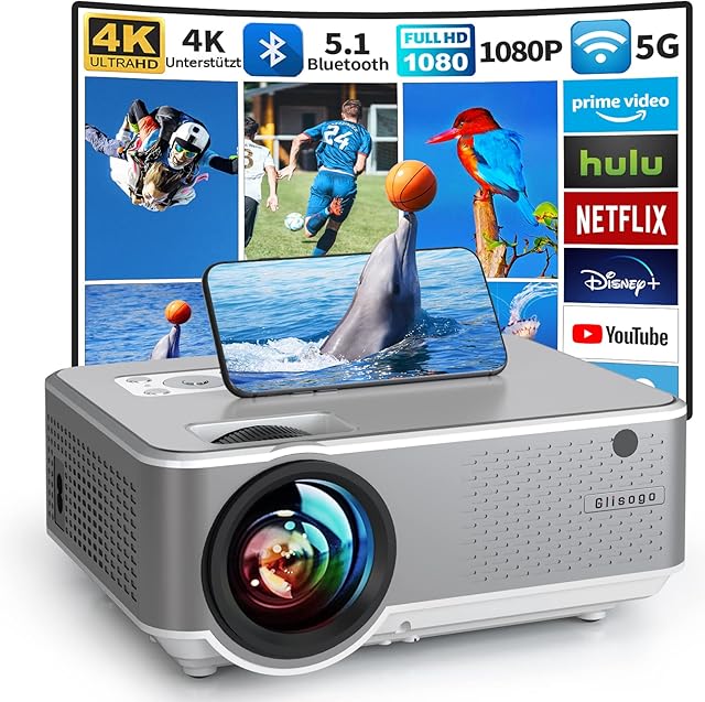Glisogo Projector, Native 1080p 5G WiFi Video Projector with 8000LM, Mini projector 300" Display, Support 4K, Bluetooth, Compatible with iOS/Andriod Phone/TV stick/PC/USB/PS4/PS5with storage bag