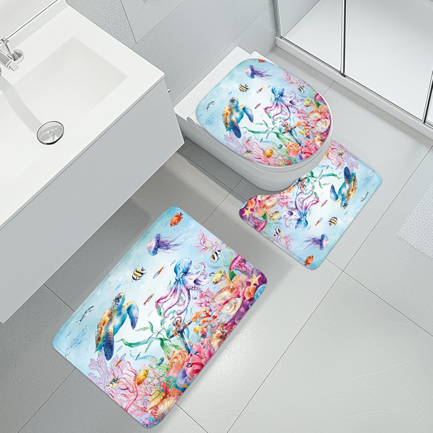 Imirell 4 PCS Under The Sea Shower Curtain Set with Rugs,Ocean Cute Turtle Octoptus Kids Bathroom Sets with Rugs Shower Accessories-Toilet Lid Cover,Non-Slip Rugs and U-Shaped Mat for Bathroom Decor