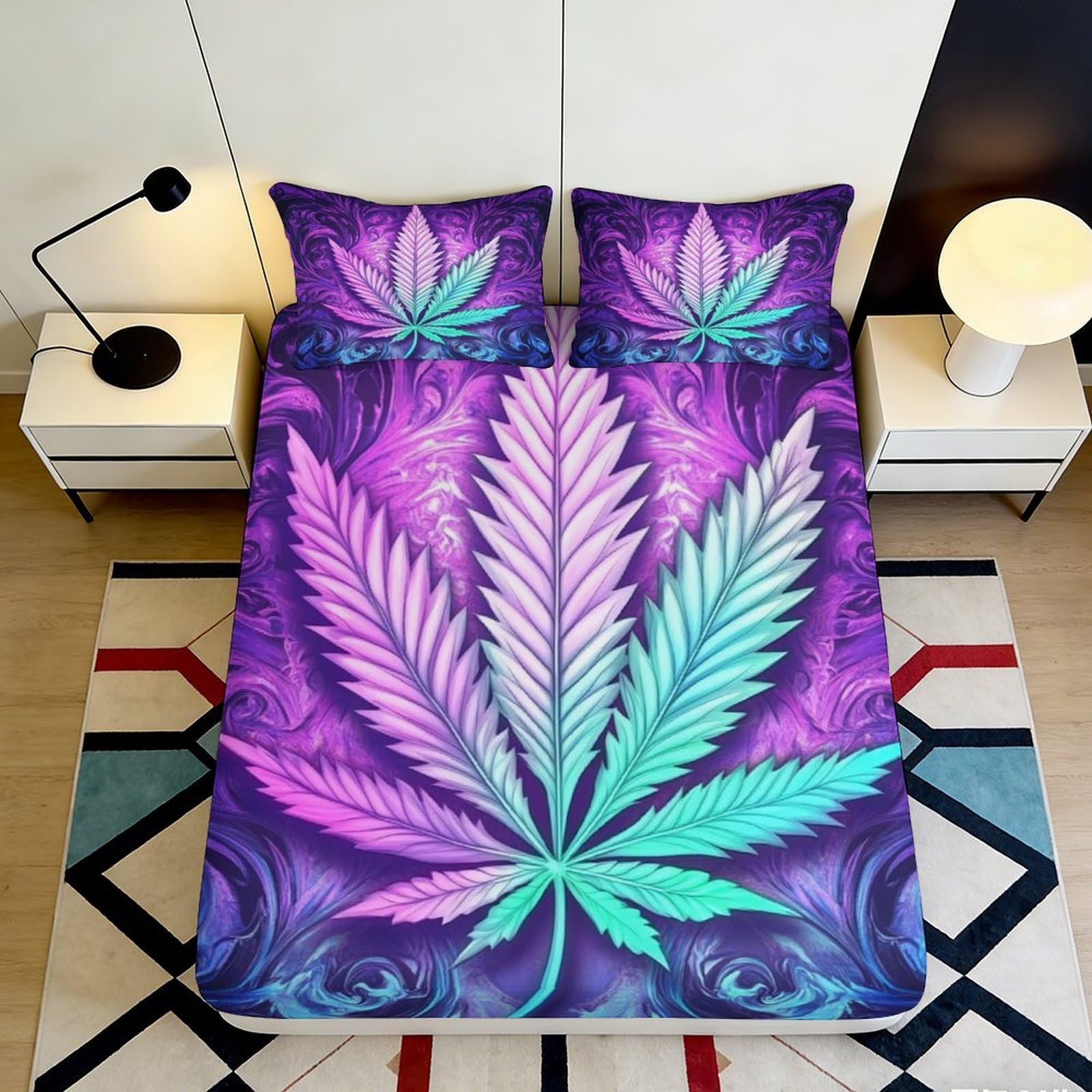 3D Printed Gradient Leaf Fitted Sheet Microfiber Soft Anti-Slip Purple Swirl Bed Cover for Bedroom Dorm Mattress Protection 140x200x25cm